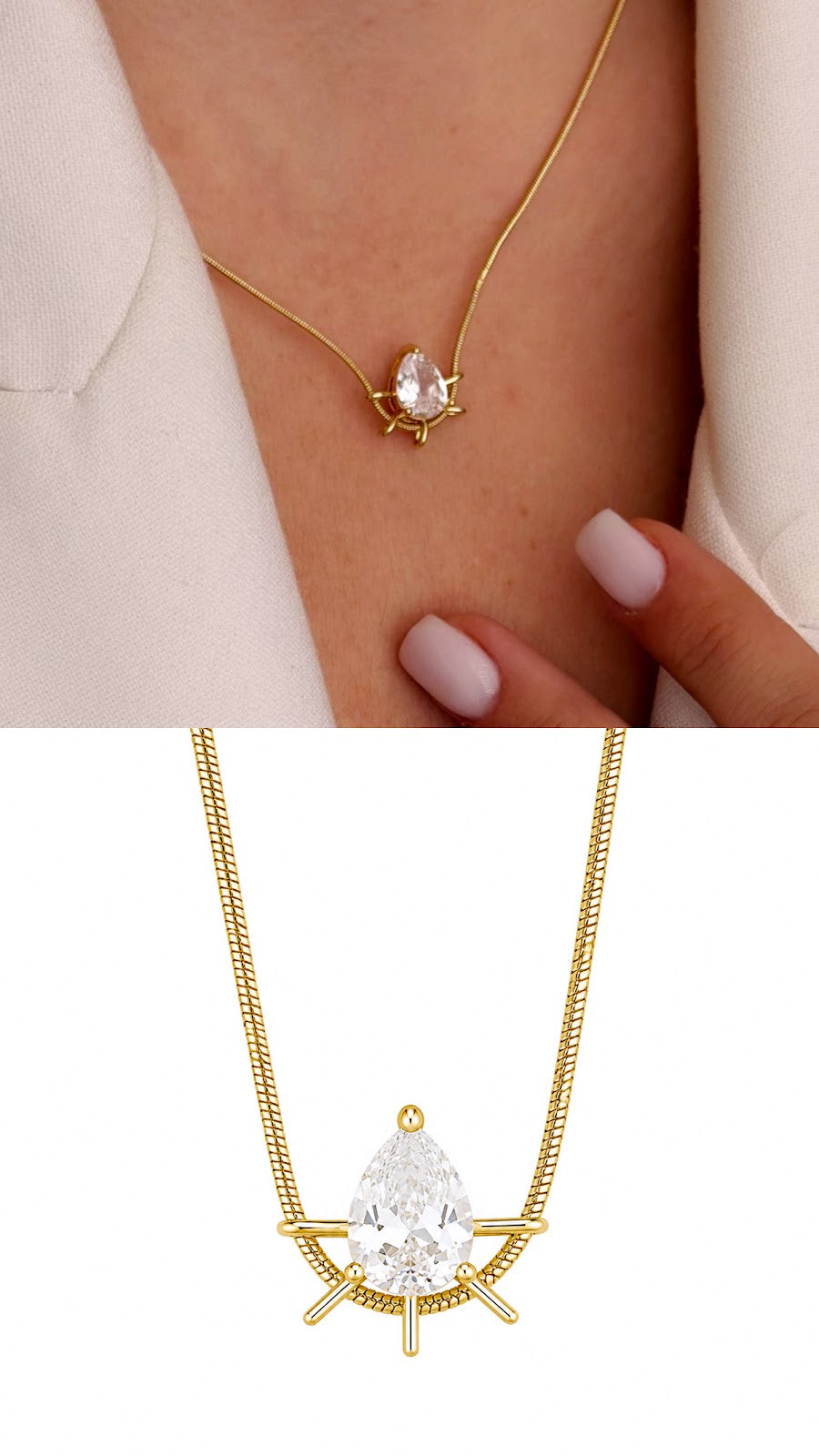 Gold Pear Cut CZ Solitaire Sunburst Snake Chain Necklace - CW1NKL0037 | Wholesale Stainless Steel Jewelry Catwalk Jewellery Europe