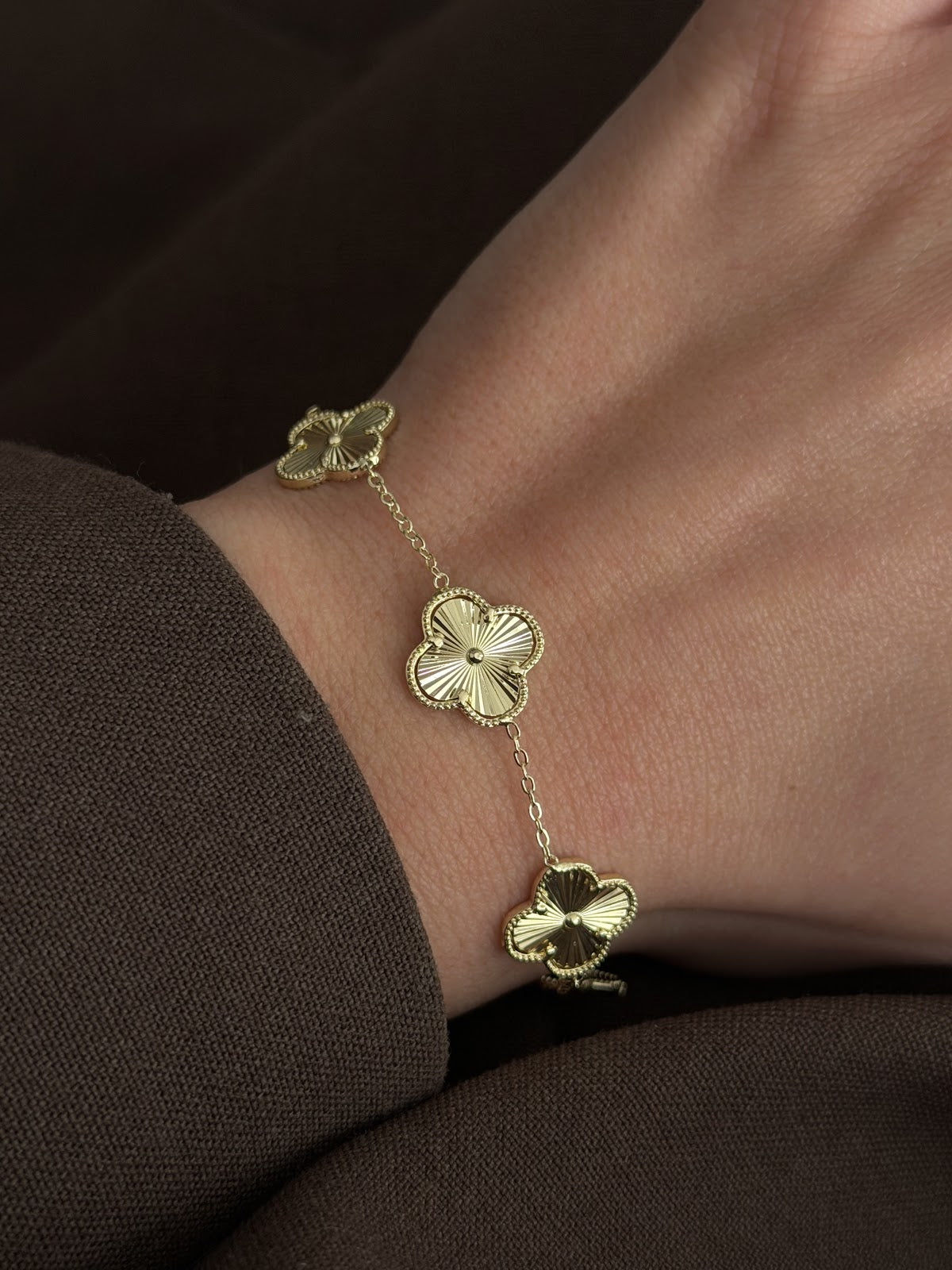 Gold Guilloche Clover Motif Station Bracelet Alternate Angle - CW1VPBRCLT0016 | Wholesale Stainless Steel Jewelry Catwalk Jewellery Europe