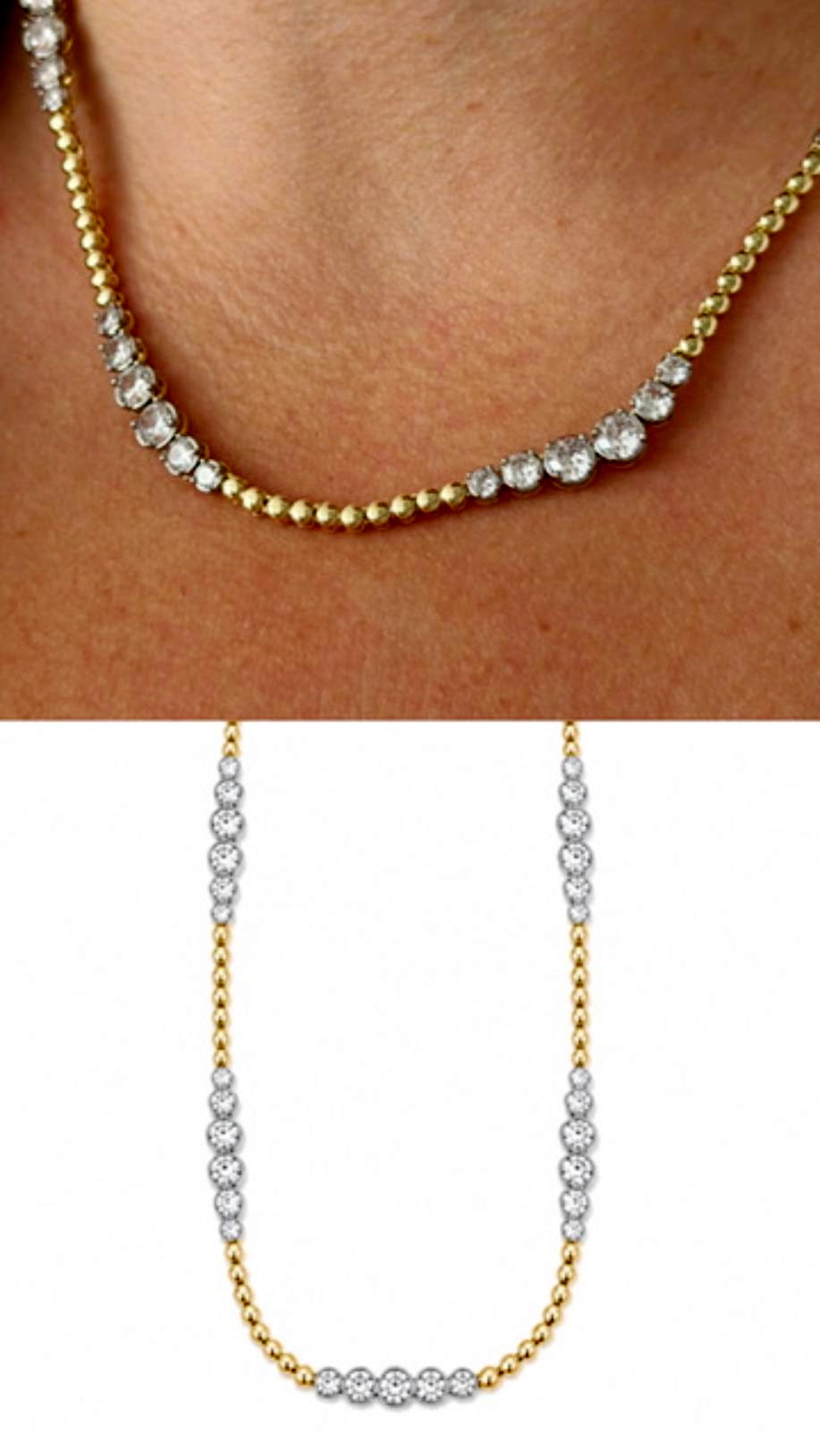Two Tone CZ Solitaire Station Beaded Ball Chain Necklace - CW1NKL00127 | Wholesale Stainless Steel Jewelry Catwalk Jewellery Europe