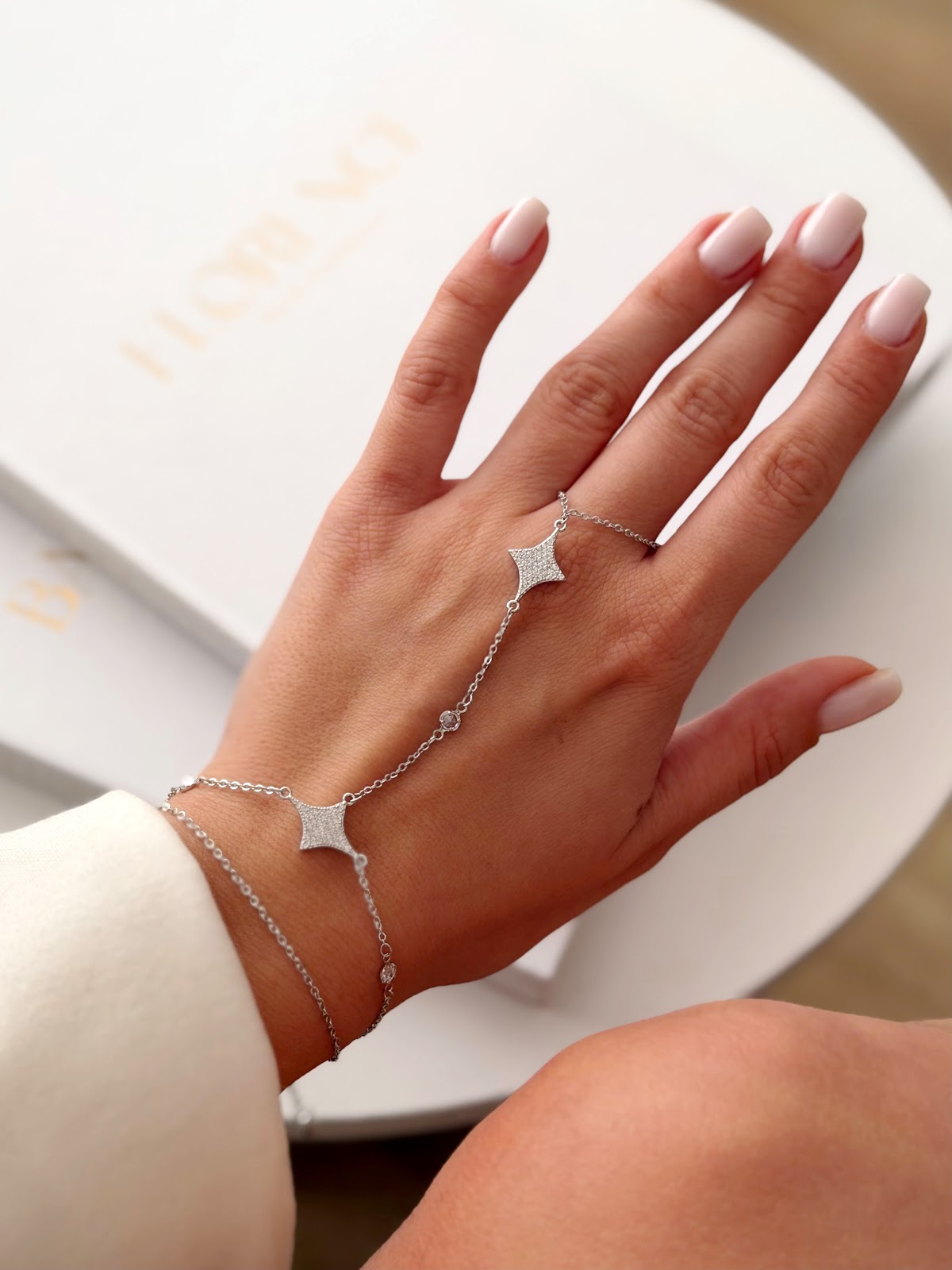 Silver CZ Pave Four Point Star Station Hand Chain - CW1HANDCHAIN0031 | Wholesale Stainless Steel Jewelry Catwalk Jewellery Europe