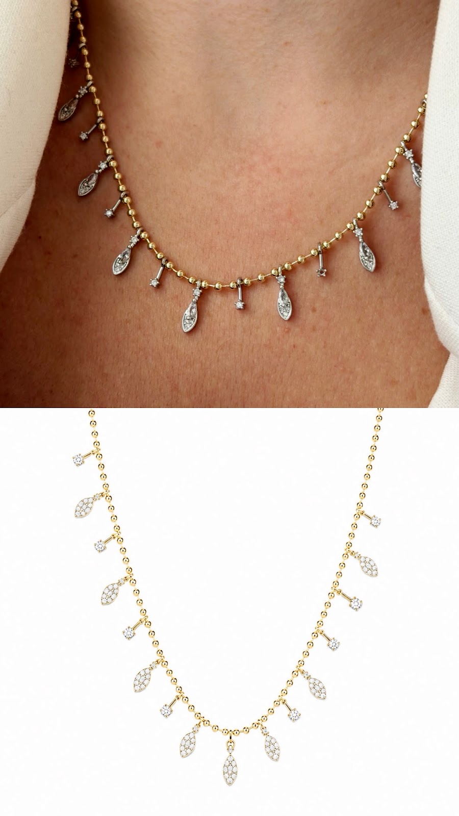 Two Tone CZ Pave Marquise Dangle Fringe Beaded Ball Chain Necklace - CW1NKL00109 | Wholesale Stainless Steel Jewelry Catwalk Jewellery Europe