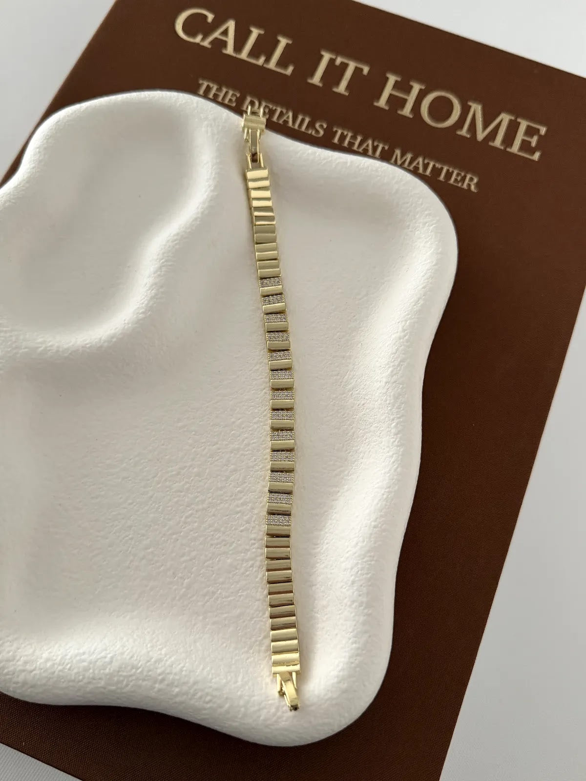Gold CZ Pave Alternating Ribbed Bar Link Bracelet - CW1VPBRCLT0082 | Wholesale Stainless Steel Jewelry Catwalk Jewellery Europe