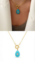 Gold Turquoise Enamel Teardrop CZ Spring Ring Necklace - CW1NKL0072 | Wholesale Stainless Steel Jewelry Catwalk Jewellery Europe