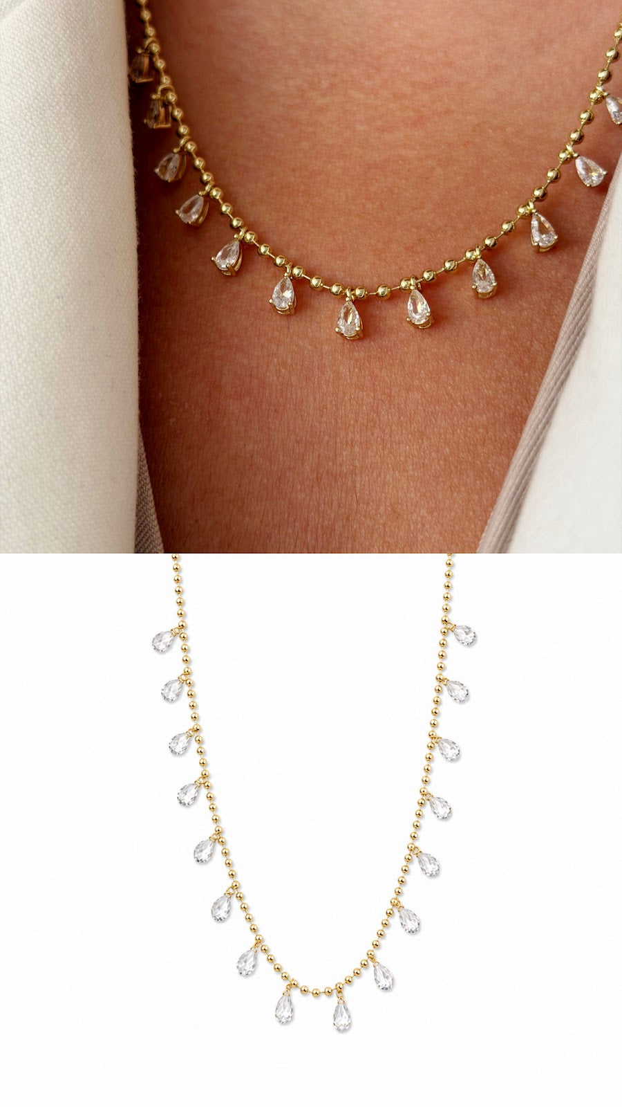 Gold Pear Cut CZ Dangle Fringe Beaded Necklace - CW1NKL0066 | Wholesale Stainless Steel Jewelry Catwalk Jewellery Europe