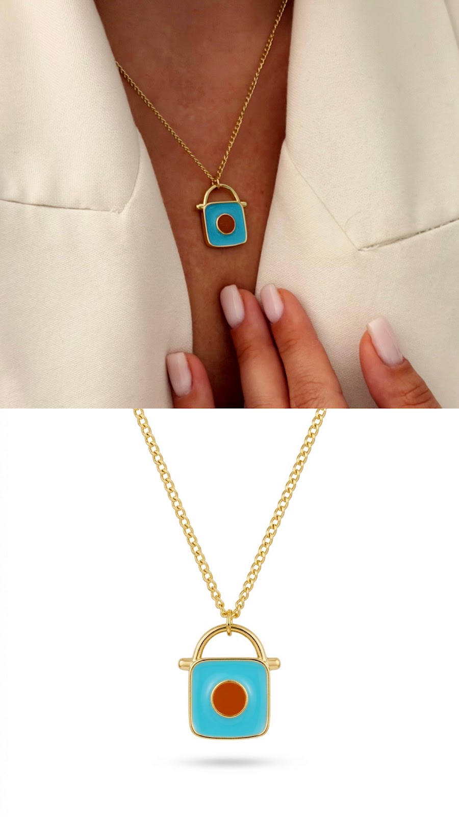 Gold Turquoise Enamel Padlock Pendant Necklace - CW1NKL0039 | Wholesale Stainless Steel Jewelry Catwalk Jewellery Europe