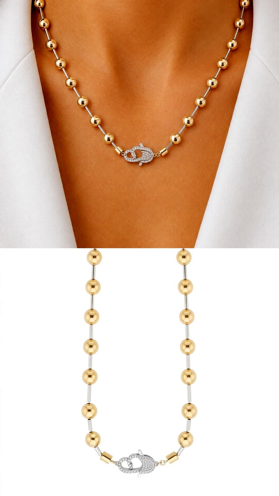 18K Gold Plated Stainless Steel Beaded Bar Chain Pave CZ Lobster Clasp Necklace Wholesale - CW1NKL00182 | Wholesale Stainless Steel Jewelry Catwalk Jewellery Europe