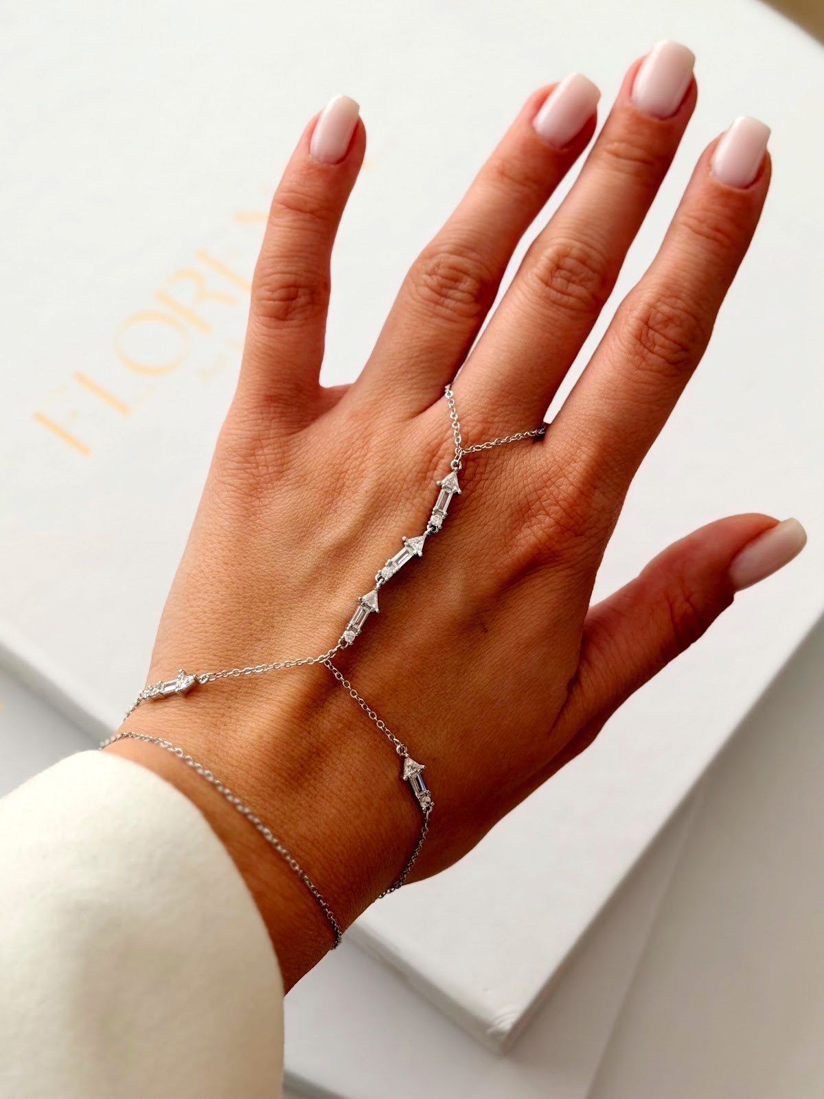 Silver CZ Pave Baguette Triangle Station Hand Chain - CW1HANDCHAIN0026 | Wholesale Stainless Steel Jewelry Catwalk Jewellery Europe