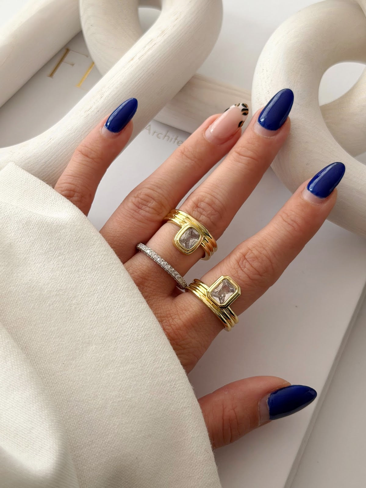 Gold Chunky Bezel Set Emerald Cut CZ Triple Ring Set wholesale jewelry RINGS Catwalk Jewellery Europe