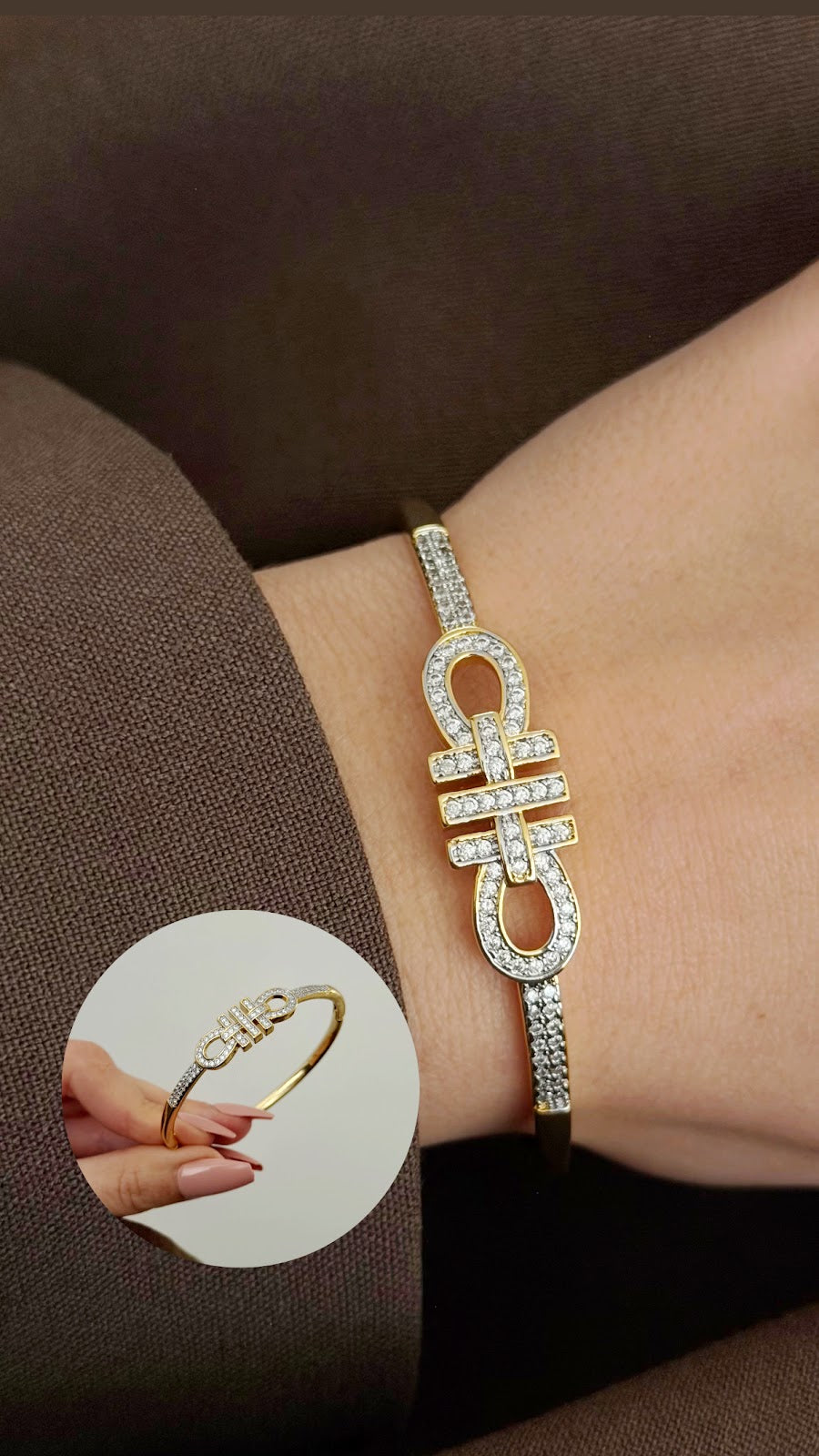 Gold CZ Pave Infinity Knot Buckle Hinged Cuff Bangle - CW1CUFF0015 | Wholesale Stainless Steel Jewelry Catwalk Jewellery Europe