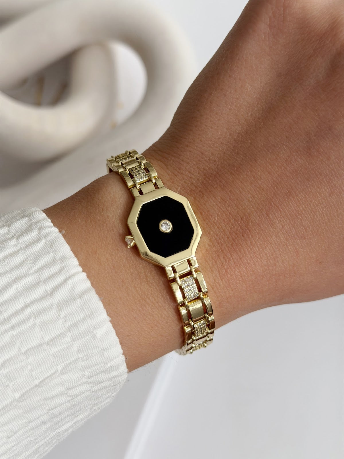 Gold Plated Black Onyx Octagon Solitaire Watch Strap Bracelet - CW1VPBRCLT00291 | Wholesale Stainless Steel Jewelry Catwalk Jewellery Europe