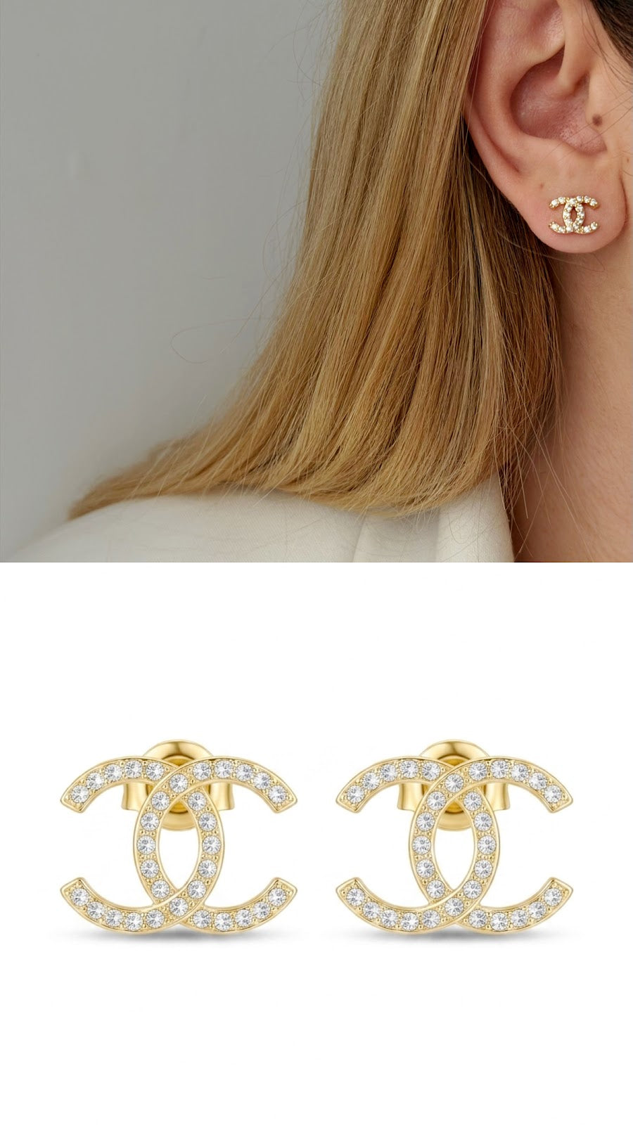 18K Gold Plated Stainless Steel Mini Pave CZ Interlocking C Stud Earrings Wholesale - CW1VPEARNG00328 | Wholesale Stainless Steel Jewelry Catwalk Jewellery Europe