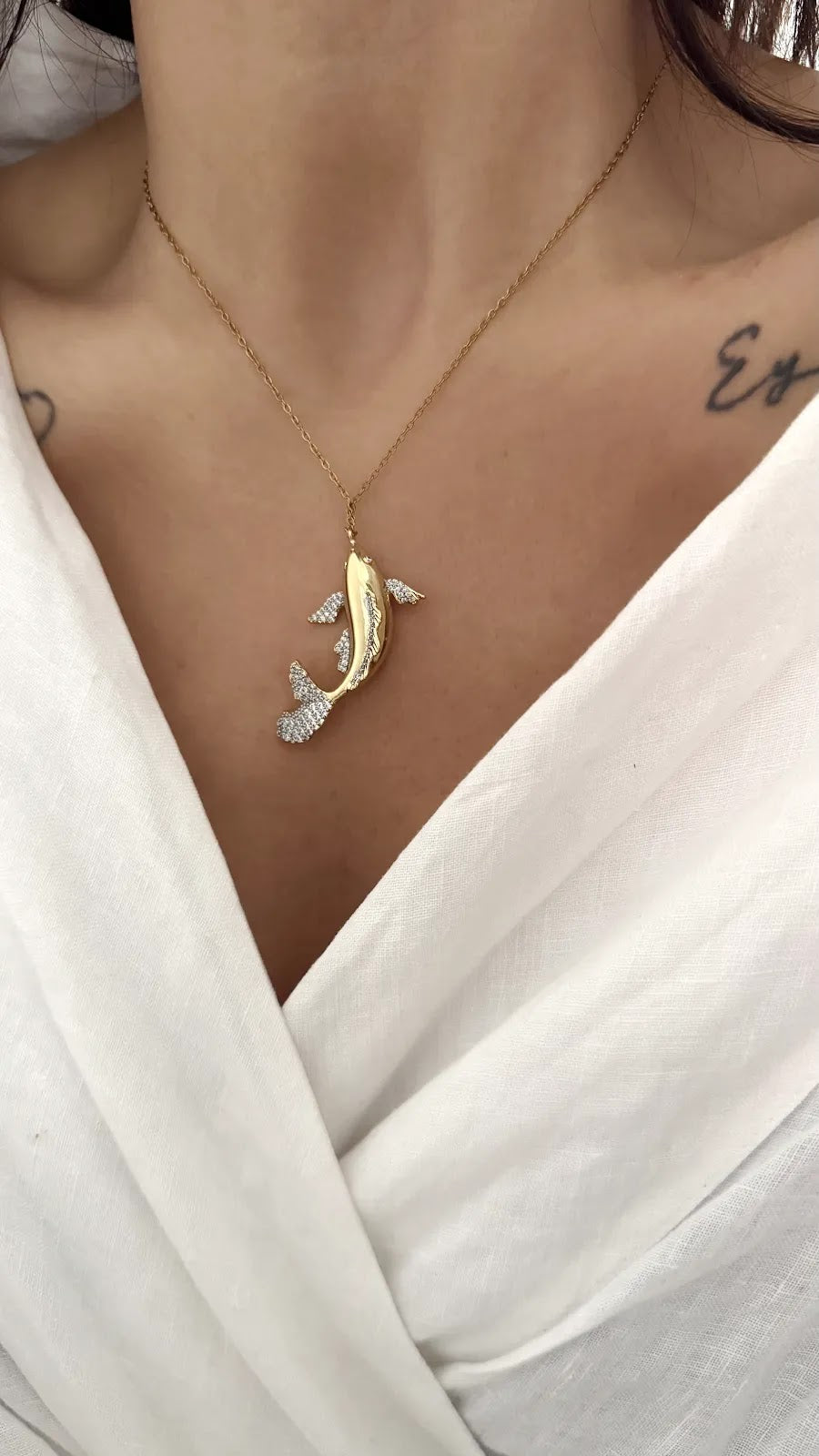 Gold CZ Pave Koi Fish Pendant Necklace - CW1NKL0019 | Wholesale Stainless Steel Jewelry Catwalk Jewellery Europe
