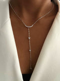 Silver CZ Pave Curve Heart Charm Paperclip Chain Y Necklace - CW1YNECKLACE004 | Wholesale Stainless Steel Jewelry Catwalk Jewellery Europe