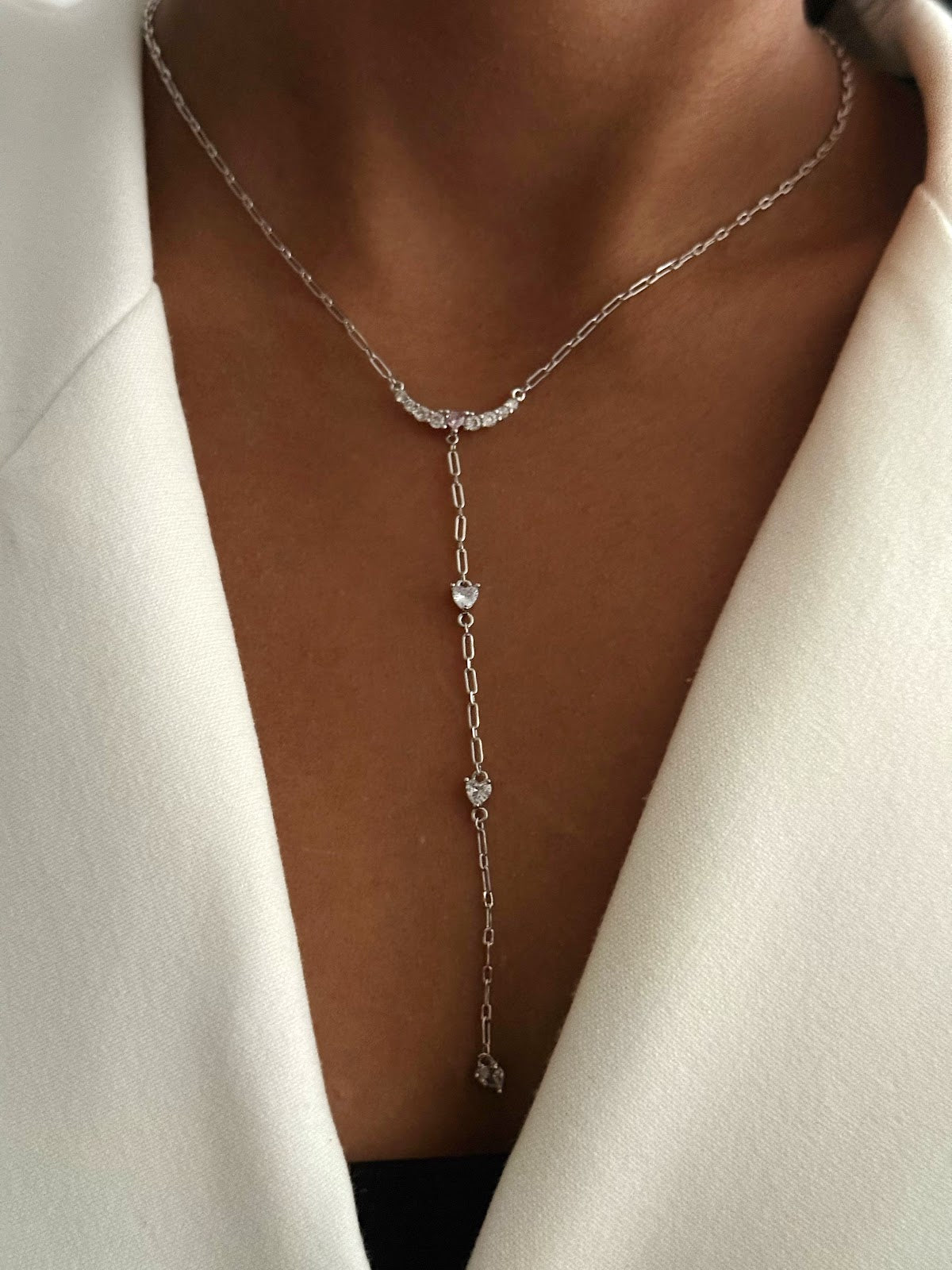 Silver CZ Pave Curve Heart Charm Paperclip Chain Y Necklace - CW1YNECKLACE004 | Wholesale Stainless Steel Jewelry Catwalk Jewellery Europe