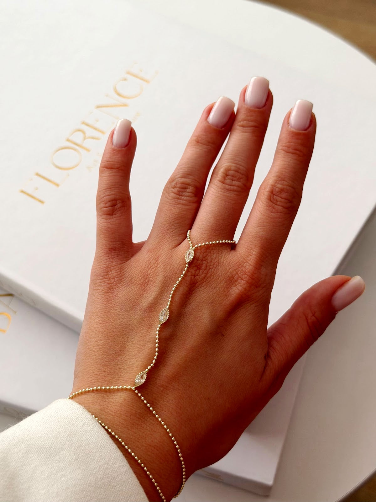 Gold CZ Pave Marquise Beaded Station Hand Chain - CW1HANDCHAIN0034 | Wholesale Stainless Steel Jewelry Catwalk Jewellery Europe