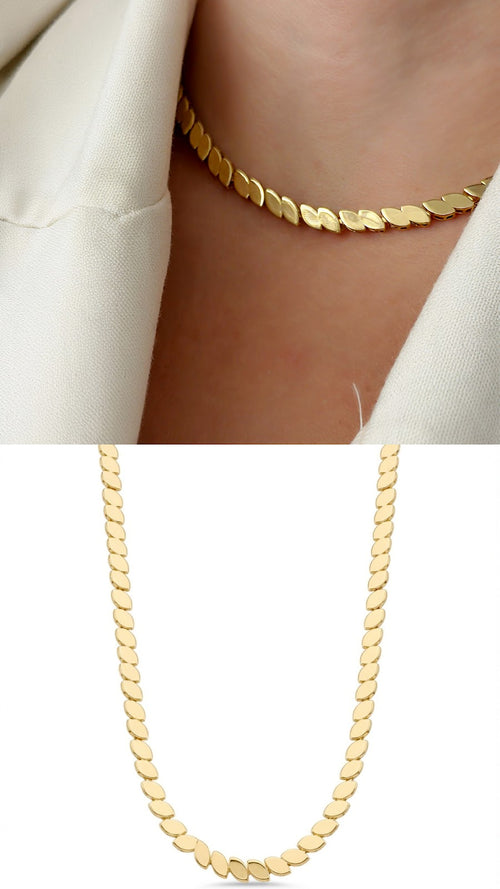 18K Gold Plated Stainless Steel Leaf Link Choker Necklace Wholesale - CW1NKL00188 | Wholesale Stainless Steel Jewelry Catwalk Jewellery Europe