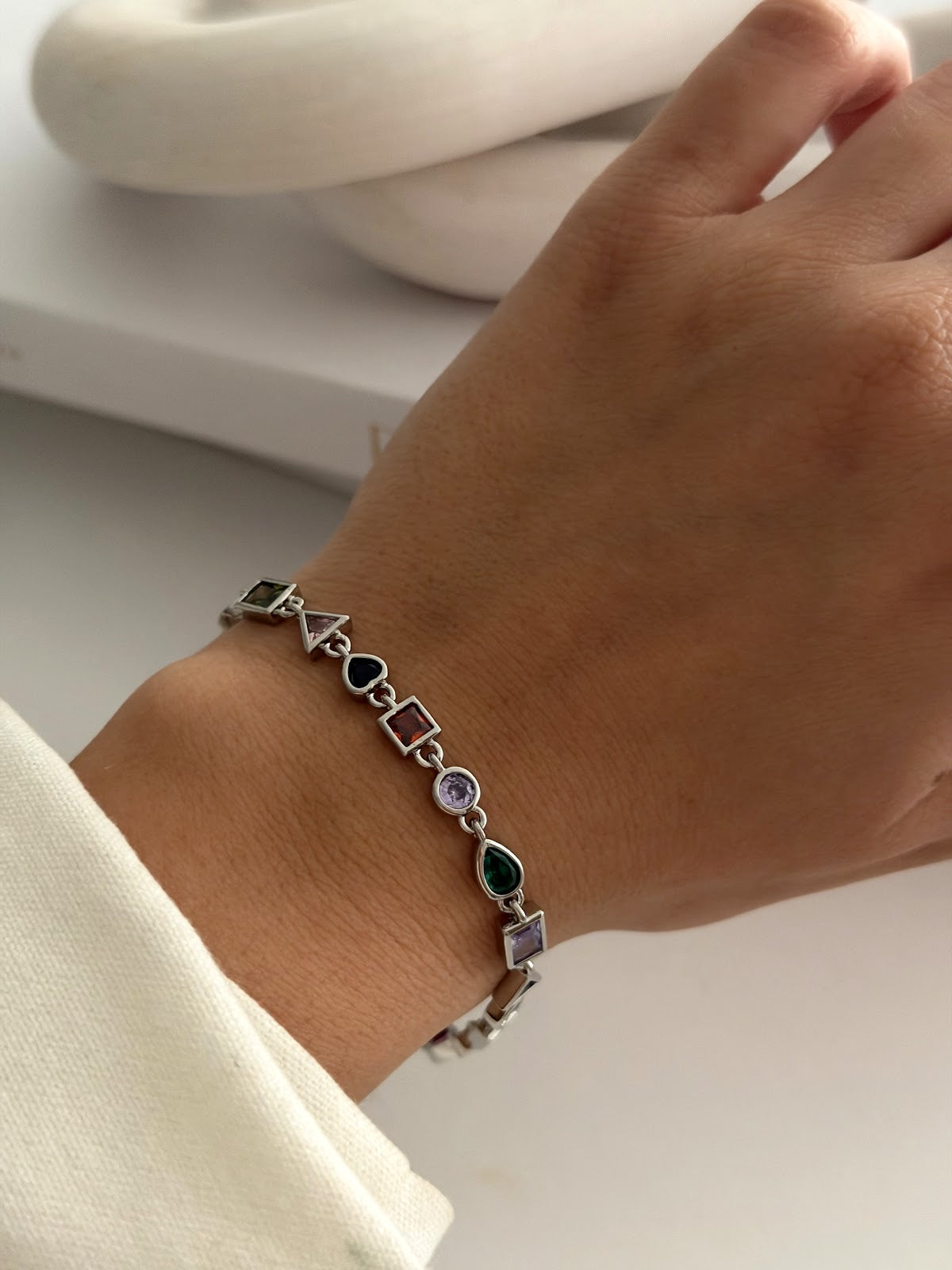 Silver Multi Color Mixed Geometric Cut CZ Station Bracelet - CW1VPBRCLT0046 | Wholesale Stainless Steel Jewelry Catwalk Jewellery Europe