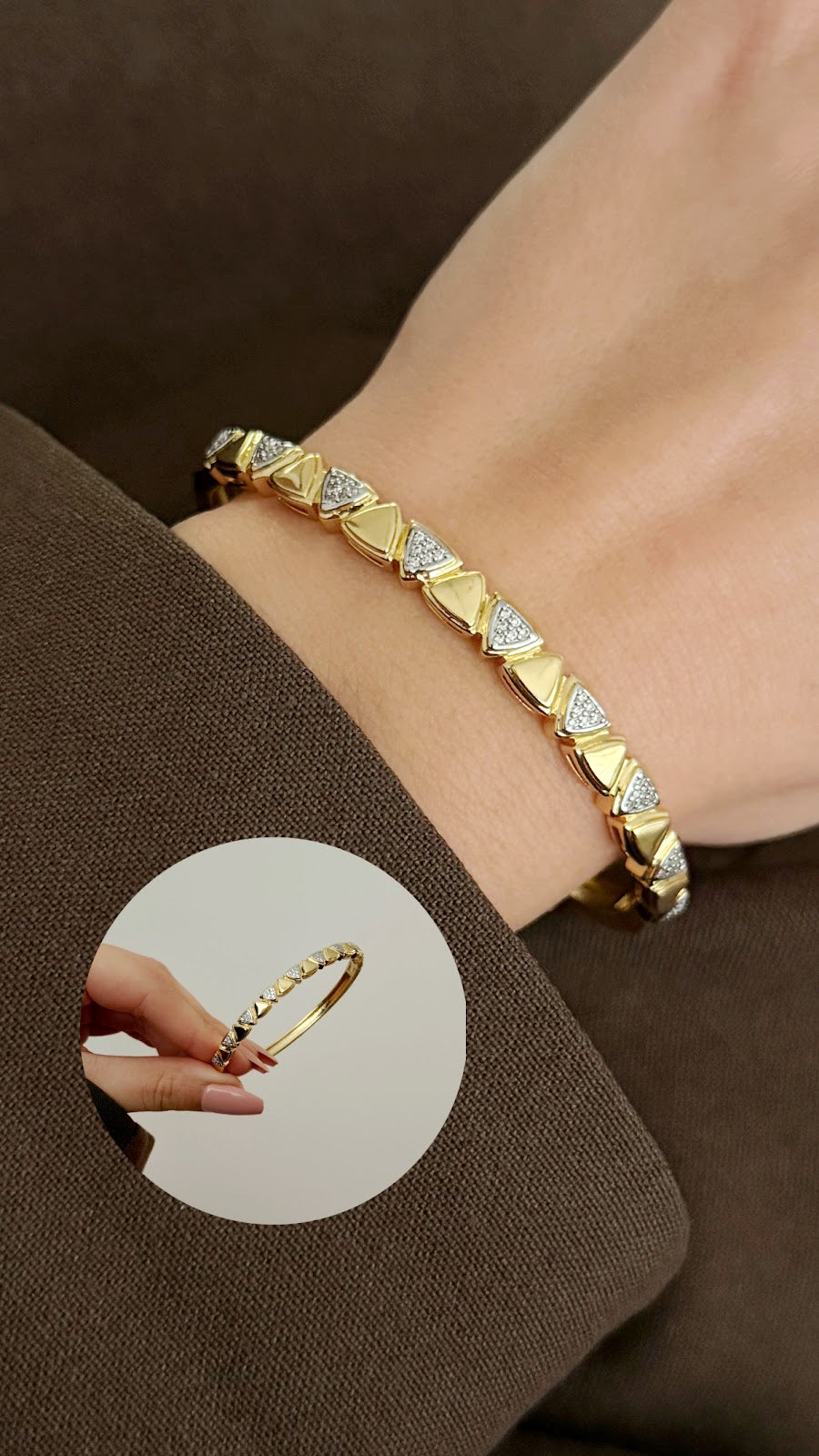 Gold CZ Pave Triangle Geometric Hinged Cuff Bangle - CW1CUFF0014 | Wholesale Stainless Steel Jewelry Catwalk Jewellery Europe