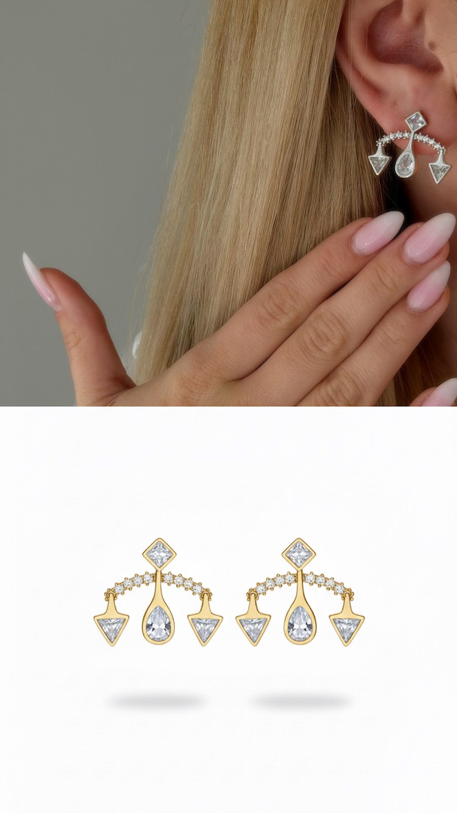 Gold CZ Pave Geometric Triangle Dangle Ear Jacket Earrings - CW1VPEARNG00216 | Wholesale Stainless Steel Jewelry Catwalk Jewellery Europe