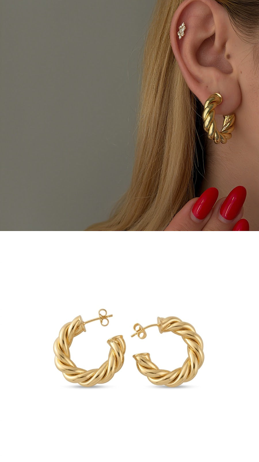 Gold Smooth Twisted Rope C Hoop Stud Earrings - CW1VPEARNG00196 | Wholesale Stainless Steel Jewelry Catwalk Jewellery Europe