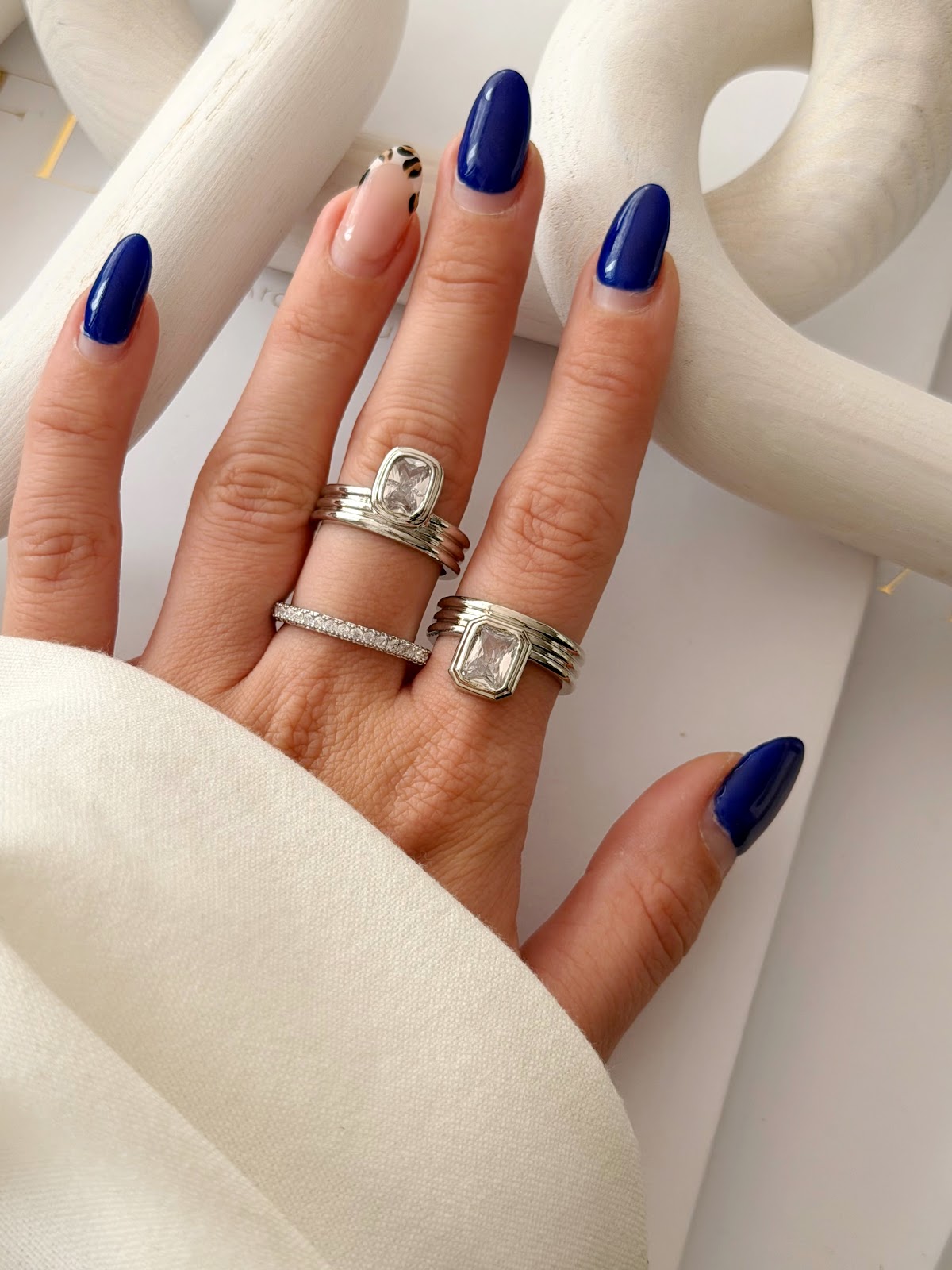 Silver Chunky Bezel Set Emerald Cut CZ Triple Ring Set - CW1RING00207 | Wholesale Stainless Steel Jewelry Catwalk Jewellery Europe