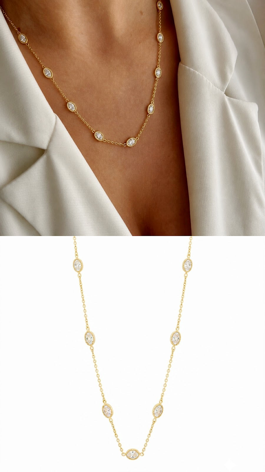 18K Gold Plated Stainless Steel Oval Bezel CZ Station Chain Necklace Wholesale - CW1NKL00163 | Wholesale Stainless Steel Jewelry Catwalk Jewellery Europe