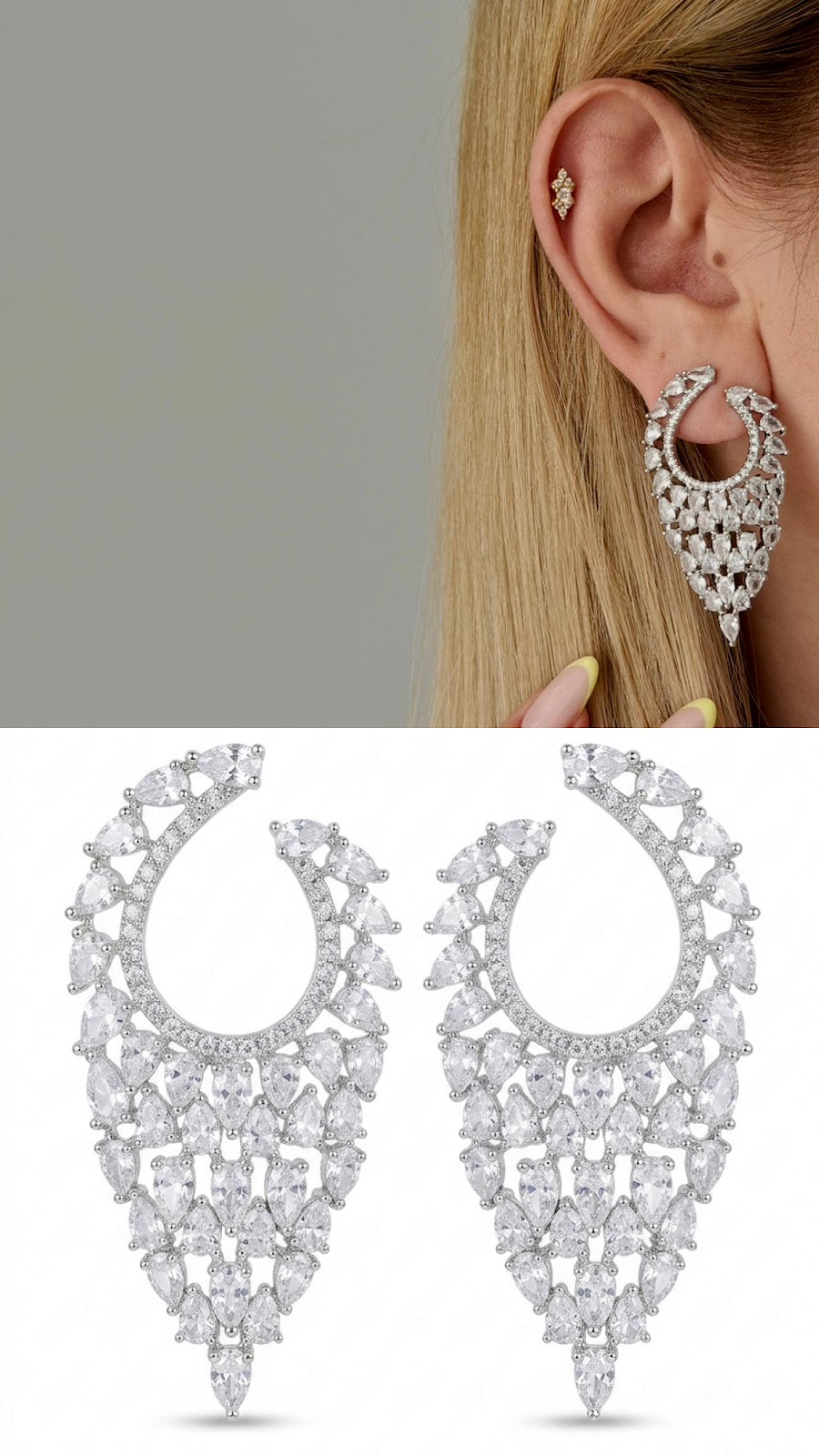 Silver CZ Pear Cut Waterfall Chandelier C Hoop Statement Earrings - CW1STEAR0024 | Wholesale Stainless Steel Jewelry Catwalk Jewellery Europe