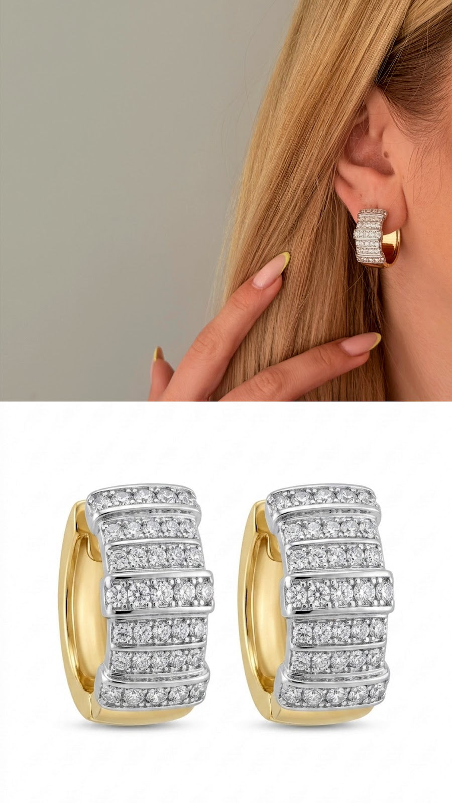 Two Tone Chunky Power Dressing Hoops Ribbed CZ Pave Curated Maximalism Statement Earrings - CW1VPEARNG00240 | Wholesale Stainless Steel Jewelry Catwalk Jewellery Europe