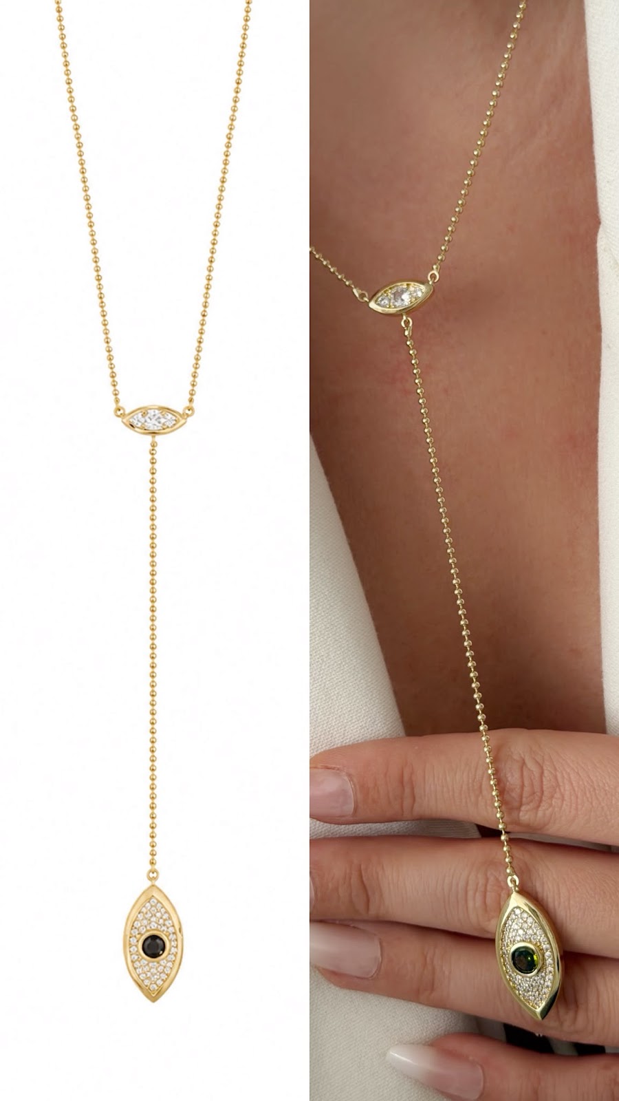 Gold CZ Pave Marquise Evil Eye Lariat Y Necklace - CW1NKL0083 | Wholesale Stainless Steel Jewelry Catwalk Jewellery Europe
