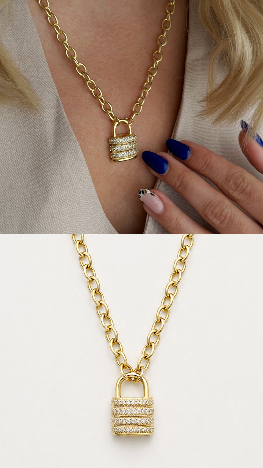 Gold CZ Pave Chunky Padlock Pendant Necklace - CW1NKL00111 | Wholesale Stainless Steel Jewelry Catwalk Jewellery Europe