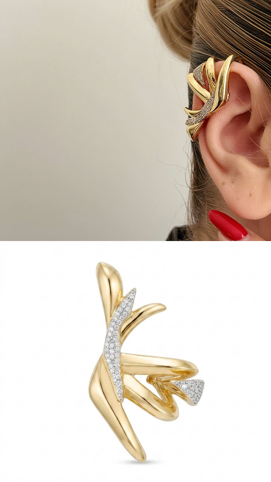 Gold CZ Pave Abstract Swirl Leaf Wide Ear Cuff - CW1EARCUFF00148 | Wholesale Stainless Steel Jewelry Catwalk Jewellery Europe