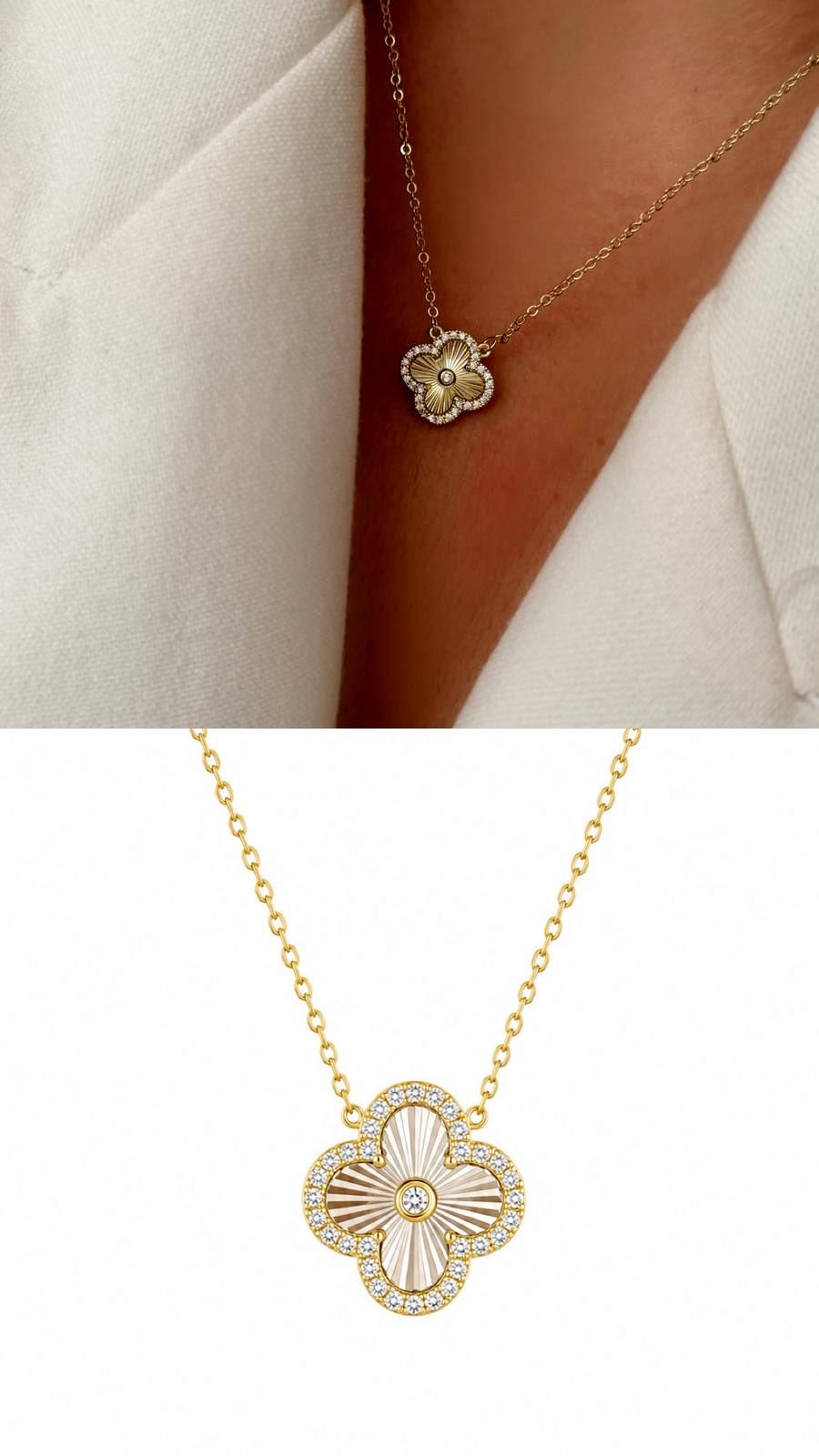 Gold CZ Pave Sunburst Clover Pendant Necklace - CW1NKL0026 | Wholesale Stainless Steel Jewelry Catwalk Jewellery Europe