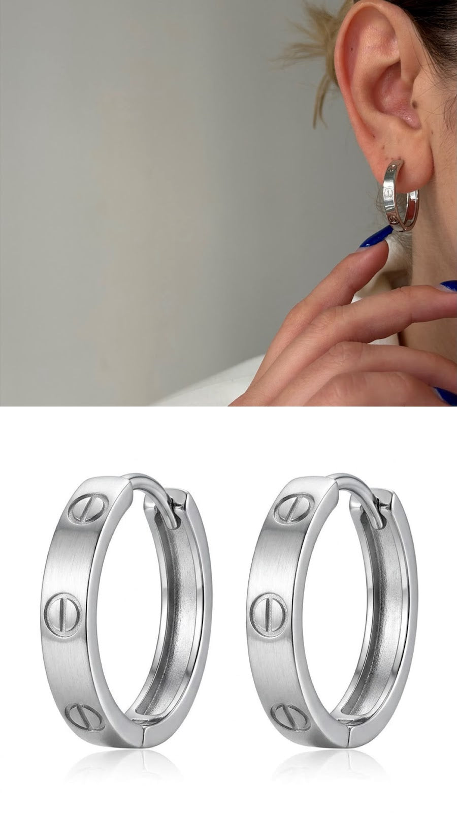 Silver Screw Motif Stamped Huggie Hoop Earrings - CW1VPEARNG00143 | Wholesale Stainless Steel Jewelry Catwalk Jewellery Europe