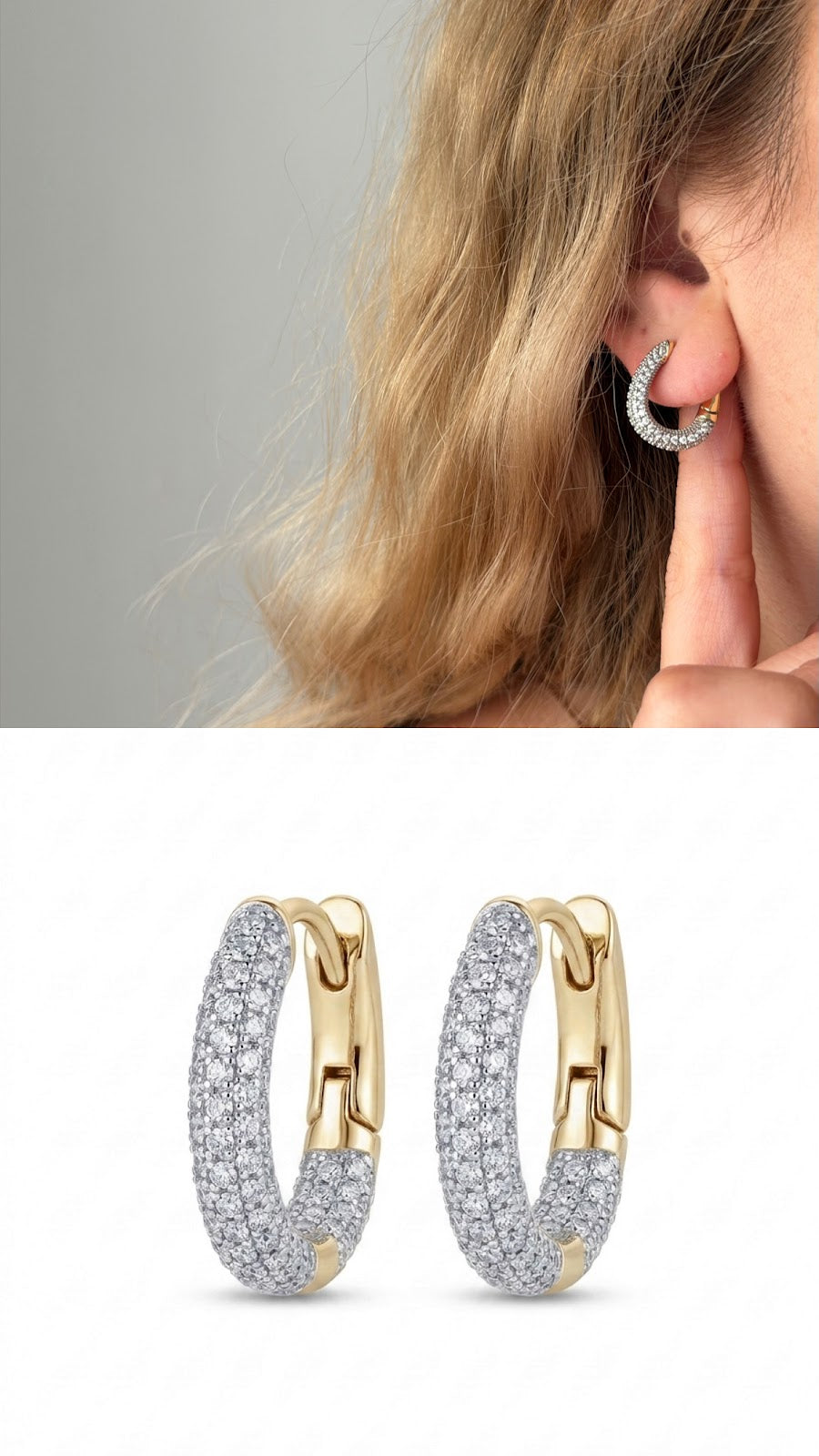 Two Tone CZ Pave Front Huggie Hoop Earrings - CW1VPEARNG00207 | Wholesale Stainless Steel Jewelry Catwalk Jewellery Europe