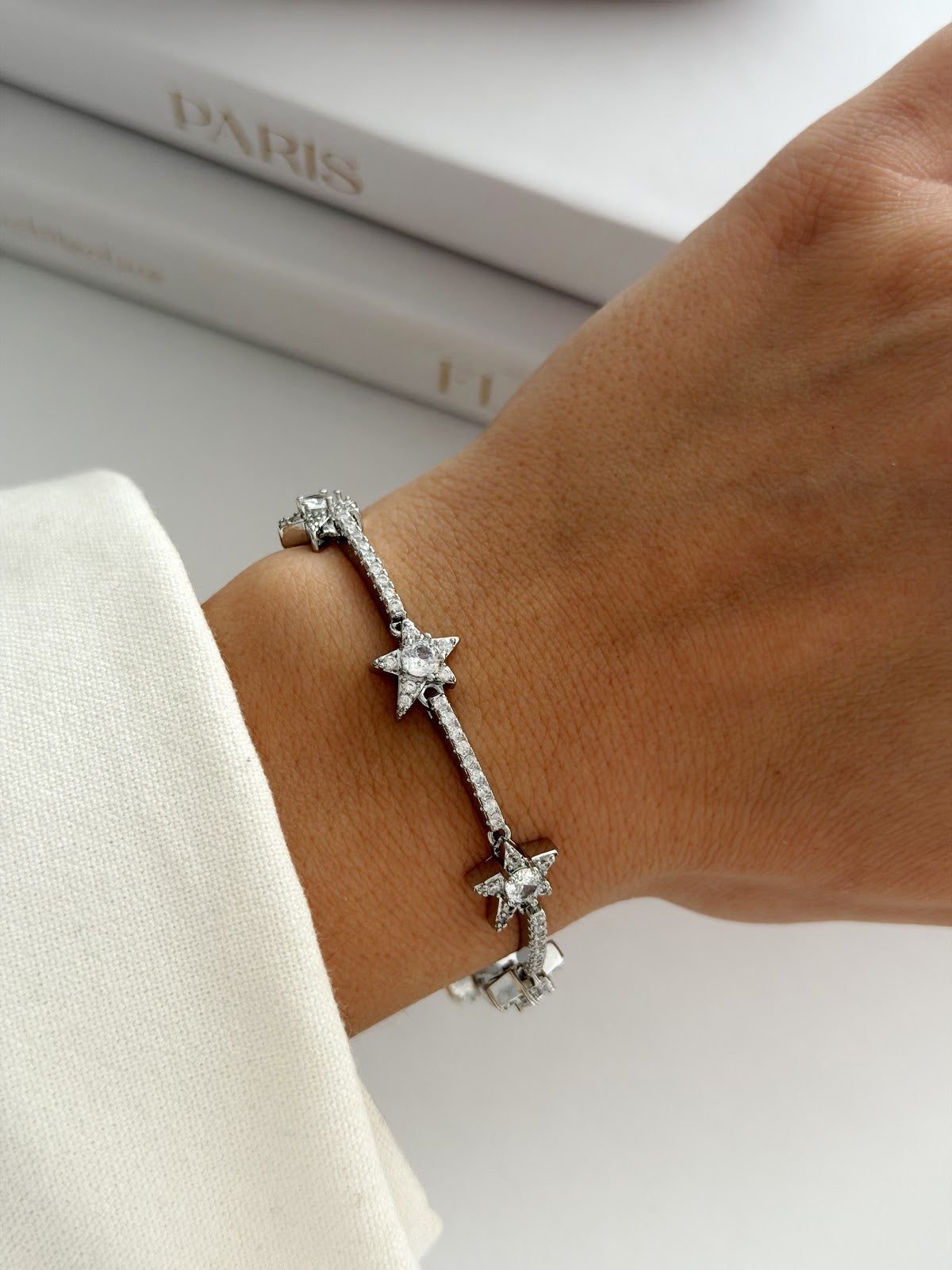 Silver CZ Pave Star Motif Station Bar Bracelet - CW1VPBRCLT0095 | Wholesale Stainless Steel Jewelry Catwalk Jewellery Europe