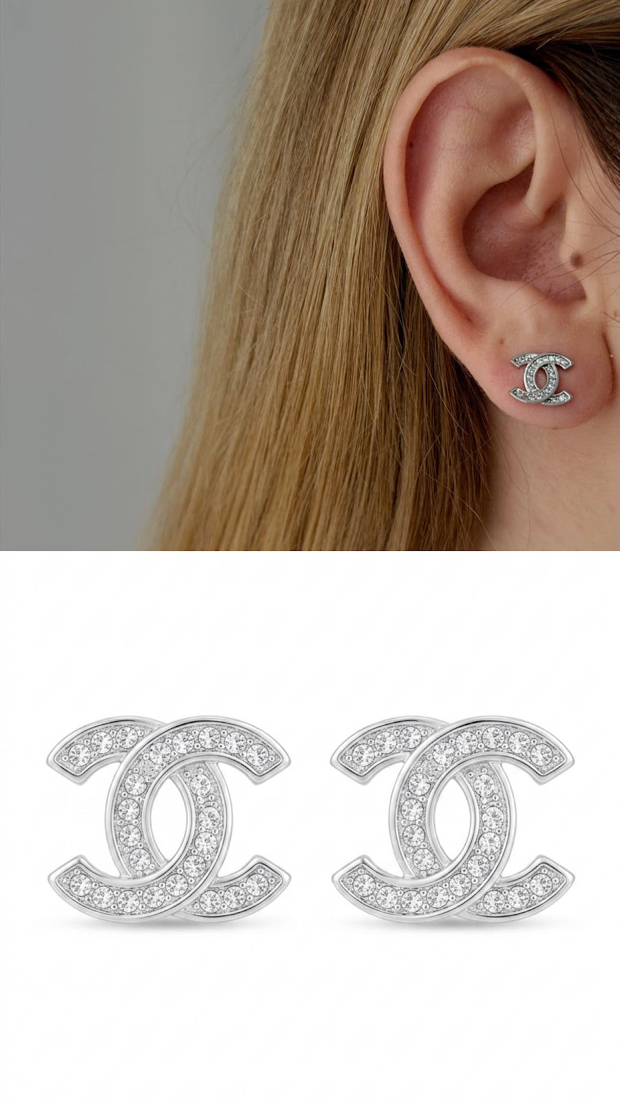 Silver Color 18K Gold Plated Stainless Steel Pave CZ Interlocking C Stud Earrings Wholesale - CW1VPEARNG00330 | Wholesale Stainless Steel Jewelry Catwalk Jewellery Europe