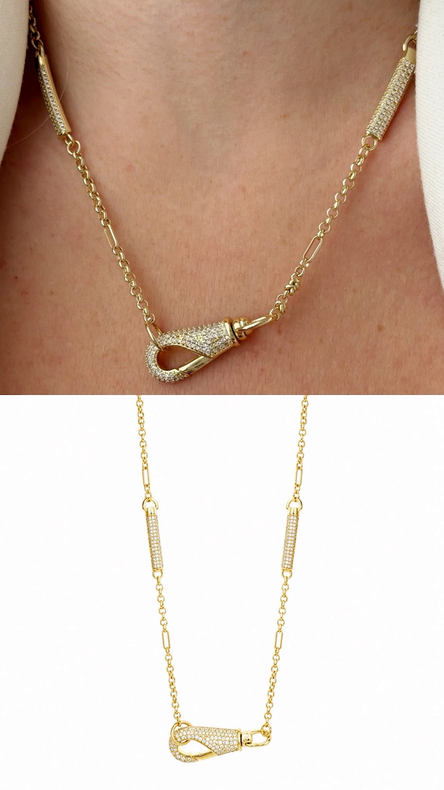 Gold CZ Pave Carabiner Clasp Station Chain Necklace - CW1NKL00108 | Wholesale Stainless Steel Jewelry Catwalk Jewellery Europe