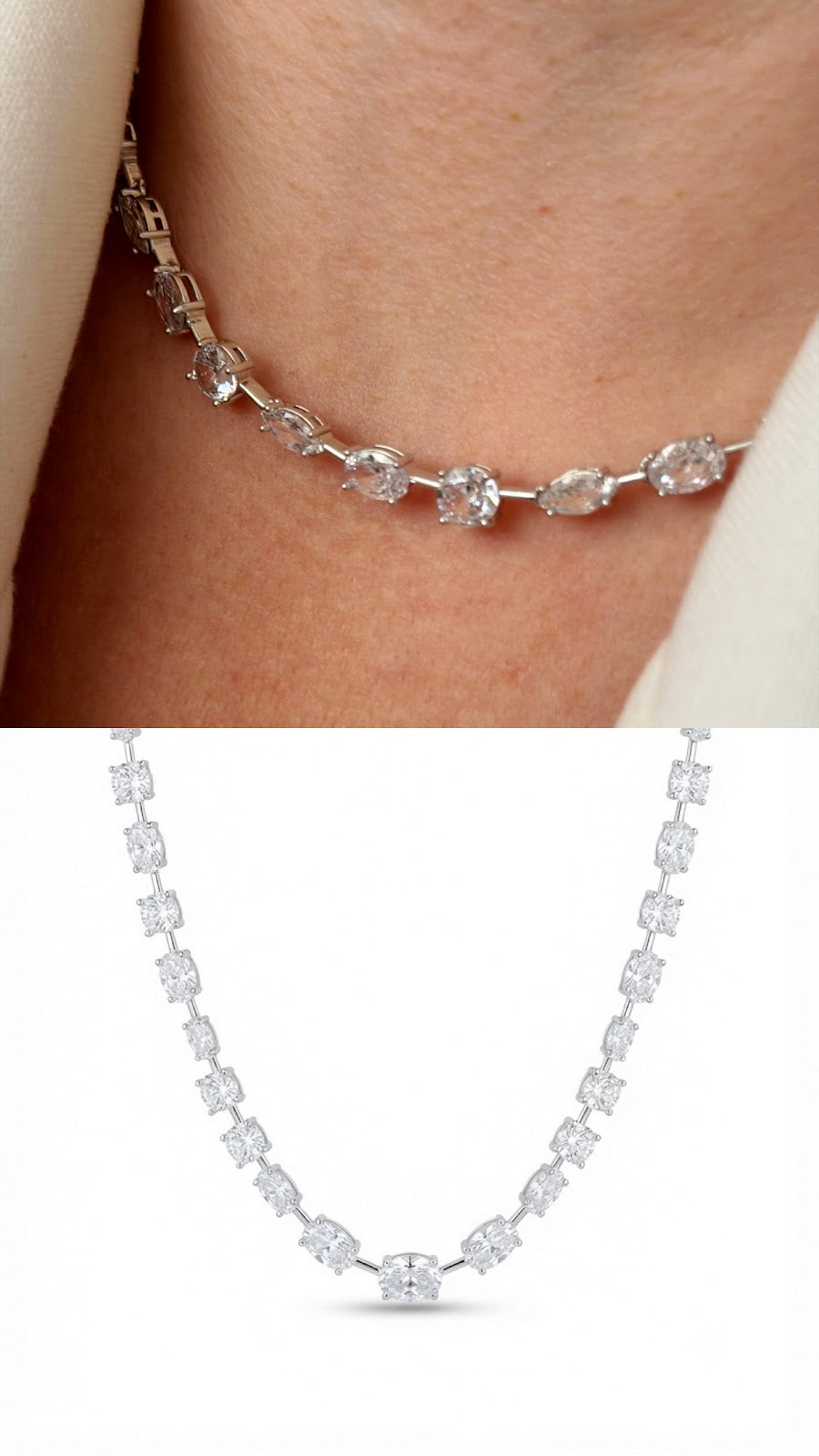 Silver Plated Stainless Steel Oval Cut CZ Station Tennis Necklace Wholesale - CW1NKL00192 | Wholesale Stainless Steel Jewelry Catwalk Jewellery Europe