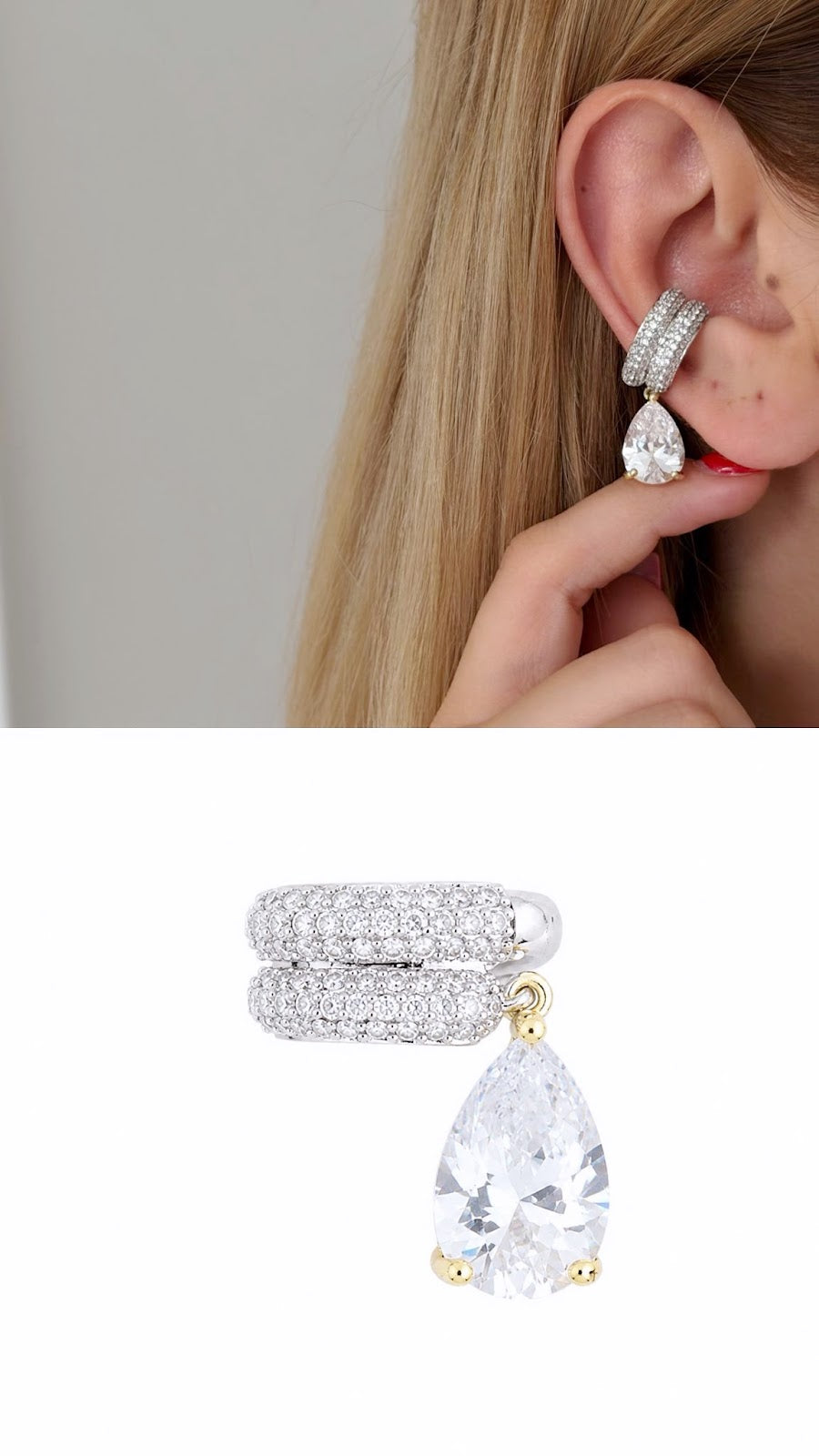 Silver Color 18K Gold Plated Stainless Steel Pave Pear Cut CZ Dangle Ear Cuff Wholesale - CW1EARCUFF00169 | Wholesale Stainless Steel Jewelry Catwalk Jewellery Europe
