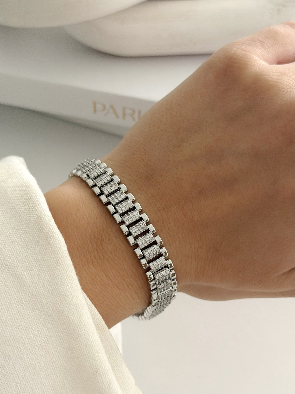 Silver CZ Pave Brick Watch Band Link Bracelet - CW1VPBRCLT00222 | Wholesale Stainless Steel Jewelry Catwalk Jewellery Europe
