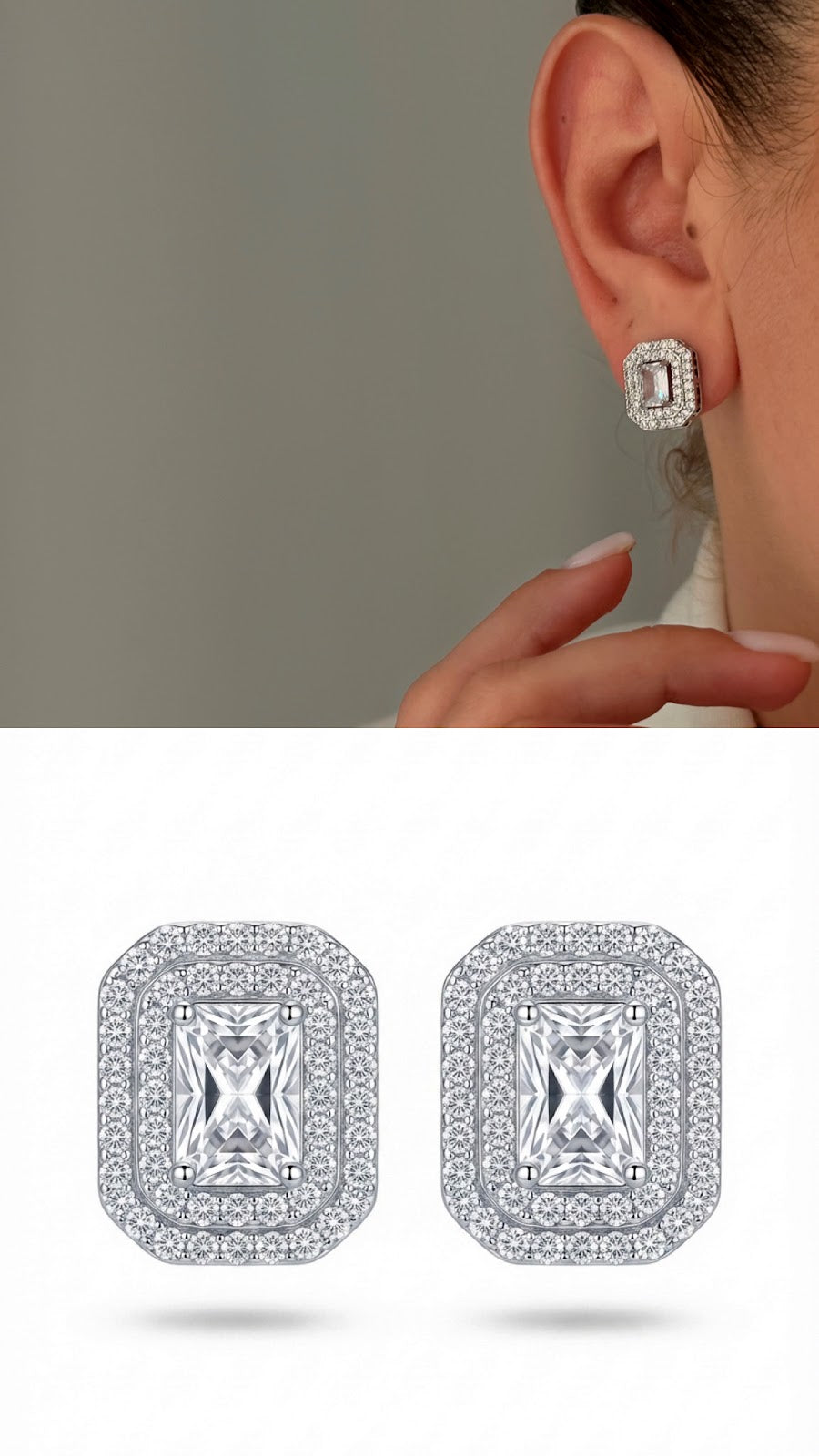Silver Emerald Cut CZ Double Halo Stud Earrings - CW1VPEARNG00161 | Wholesale Stainless Steel Jewelry Catwalk Jewellery Europe