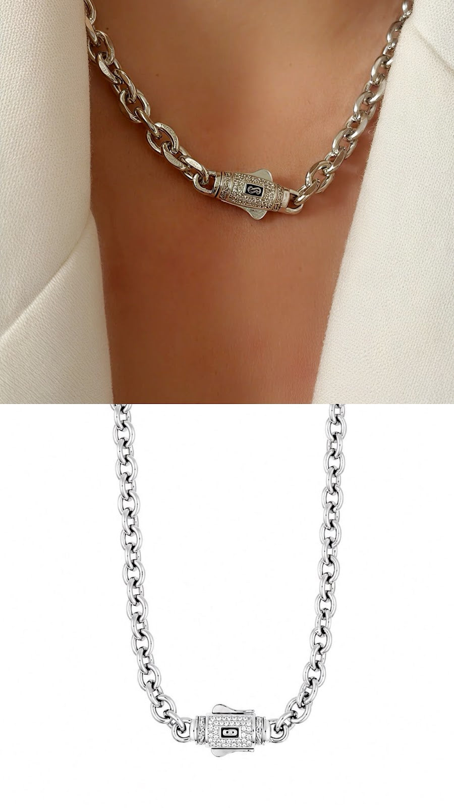 Silver CZ Pave Designer Clasp Chunky Rolo Chain Necklace - CW1NKL00119 | Wholesale Stainless Steel Jewelry Catwalk Jewellery Europe