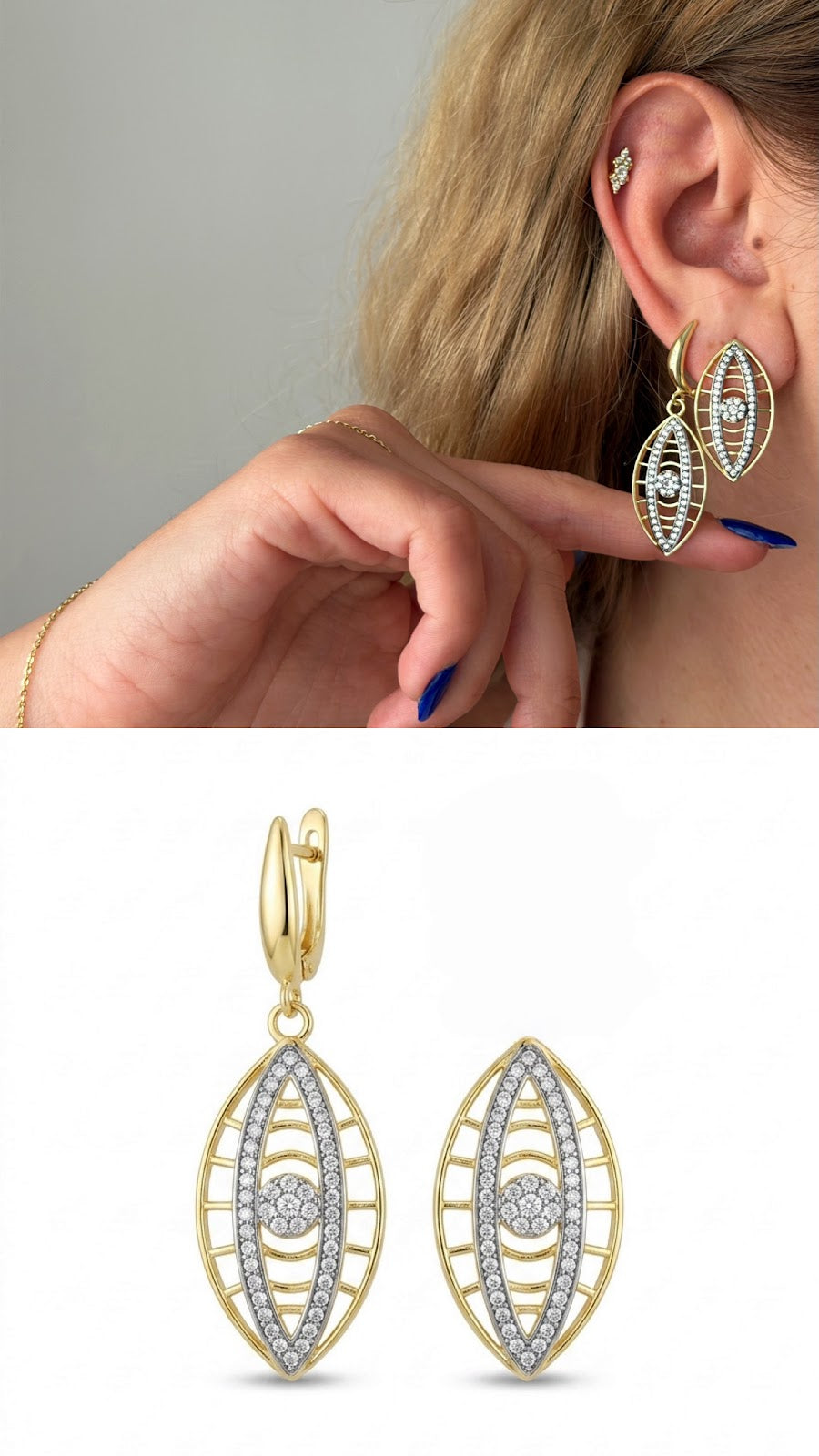 Two Tone Geometric Marquise Cutout CZ Pave Evil Eye Motif Dangle Statement Earrings - CW1VPEARNG00271 | Wholesale Stainless Steel Jewelry Catwalk Jewellery Europe