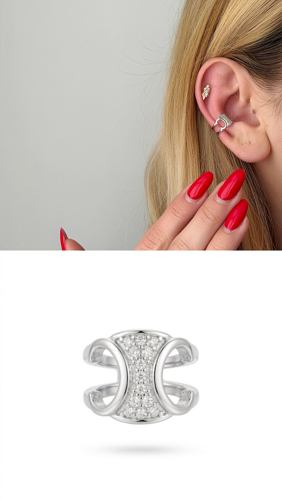 Silver CZ Pave Cutout Hourglass Band Ear Cuff - CW1EARCUFF0097 | Wholesale Stainless Steel Jewelry Catwalk Jewellery Europe