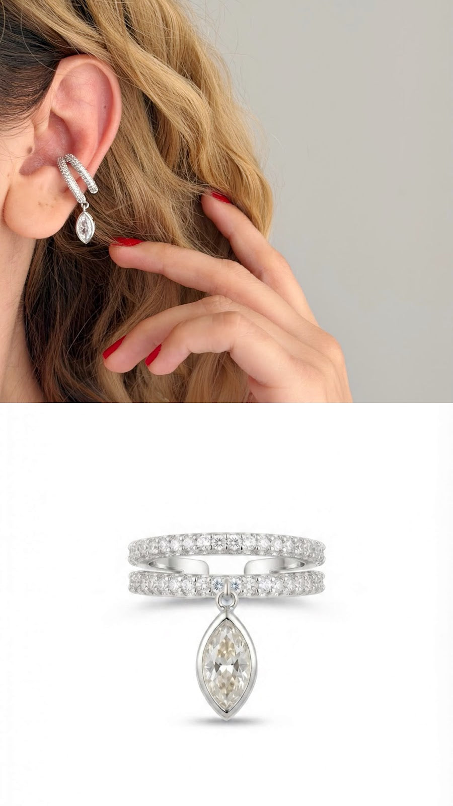 Silver CZ Pave Double Band Marquise Dangle Ear Cuff - CW1EARCUFF00140 | Wholesale Stainless Steel Jewelry Catwalk Jewellery Europe