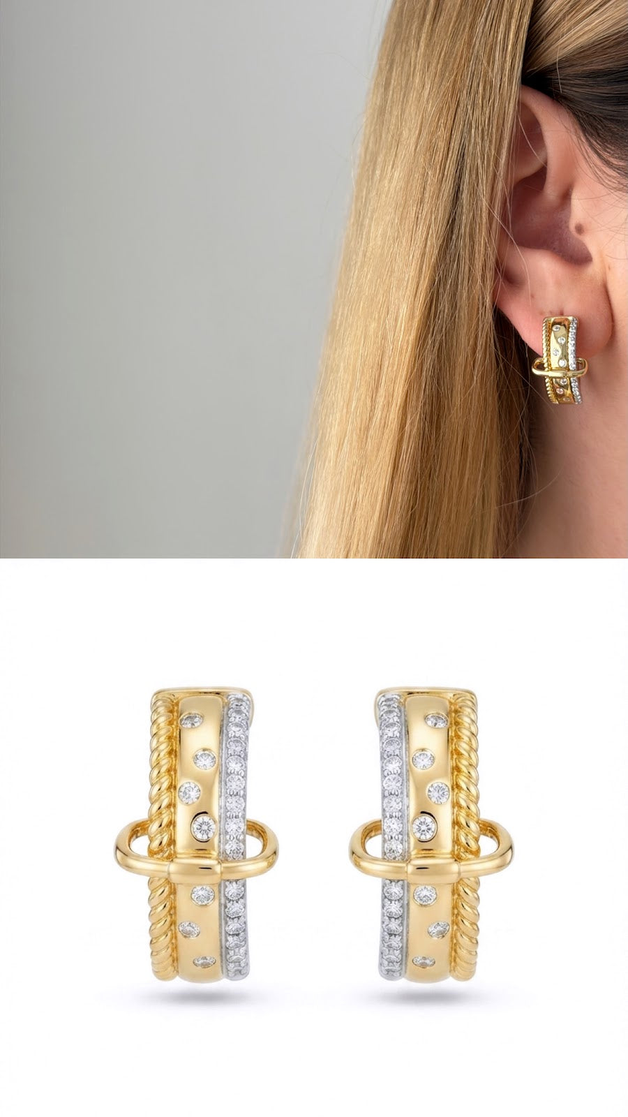 Gold Chunky Power Dressing Hoops CZ Pave Ribbed Texture Curated Maximalism Late Summer Statement Earrings - CW1VPEARNG00219 | Wholesale Stainless Steel Jewelry Catwalk Jewellery Europe