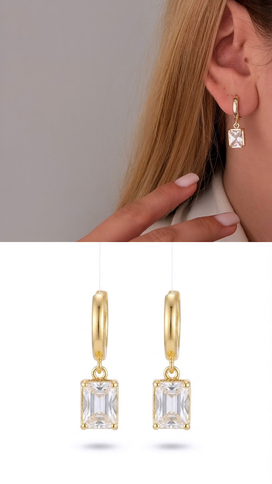 Gold Emerald Cut CZ Dangle Huggie Hoop Earrings - CW1VPEARNG00162 | Wholesale Stainless Steel Jewelry Catwalk Jewellery Europe