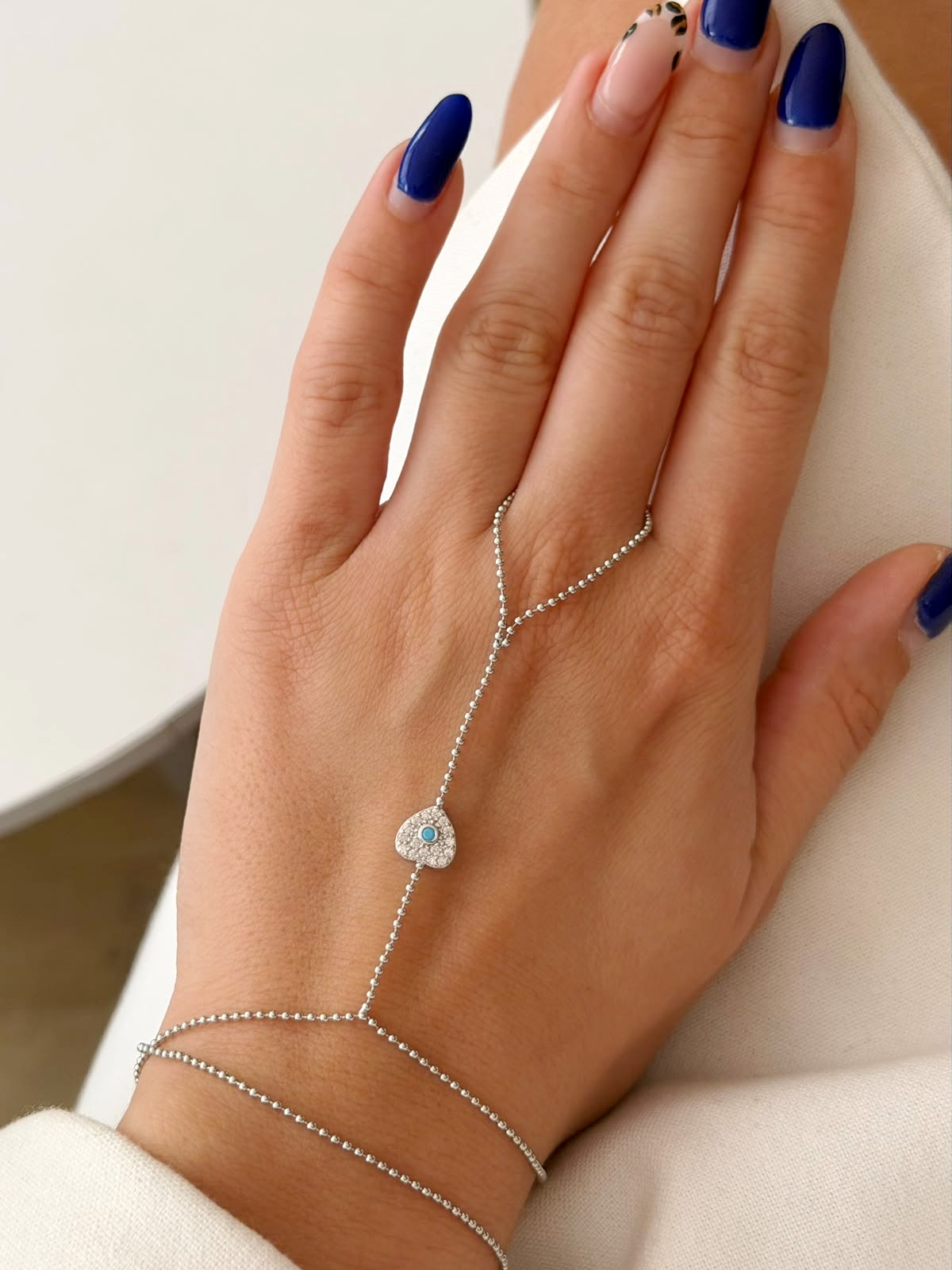 Silver CZ Pave Heart Turquoise Evil Eye Beaded Chain Hand Chain - CW1HANDCHAIN0053 | Wholesale Stainless Steel Jewelry Catwalk Jewellery Europe