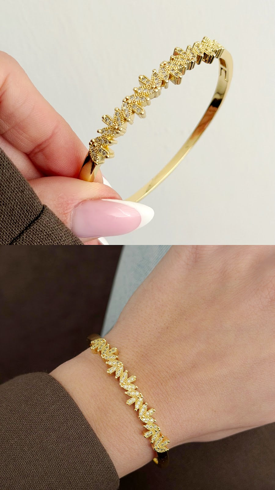 Gold CZ Pave Leaf Cluster Hinged Cuff Bangle - CW1CUFF007 | Wholesale Stainless Steel Jewelry Catwalk Jewellery Europe