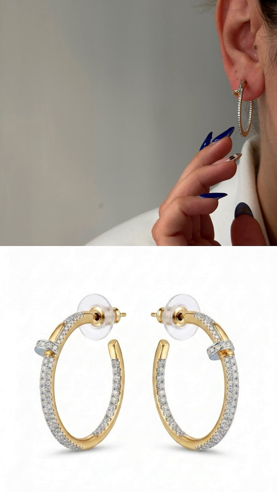 Two Tone CZ Pave Nail Motif C Hoop Edgy Statement Earrings - CW1VPEARNG00266 | Wholesale Stainless Steel Jewelry Catwalk Jewellery Europe